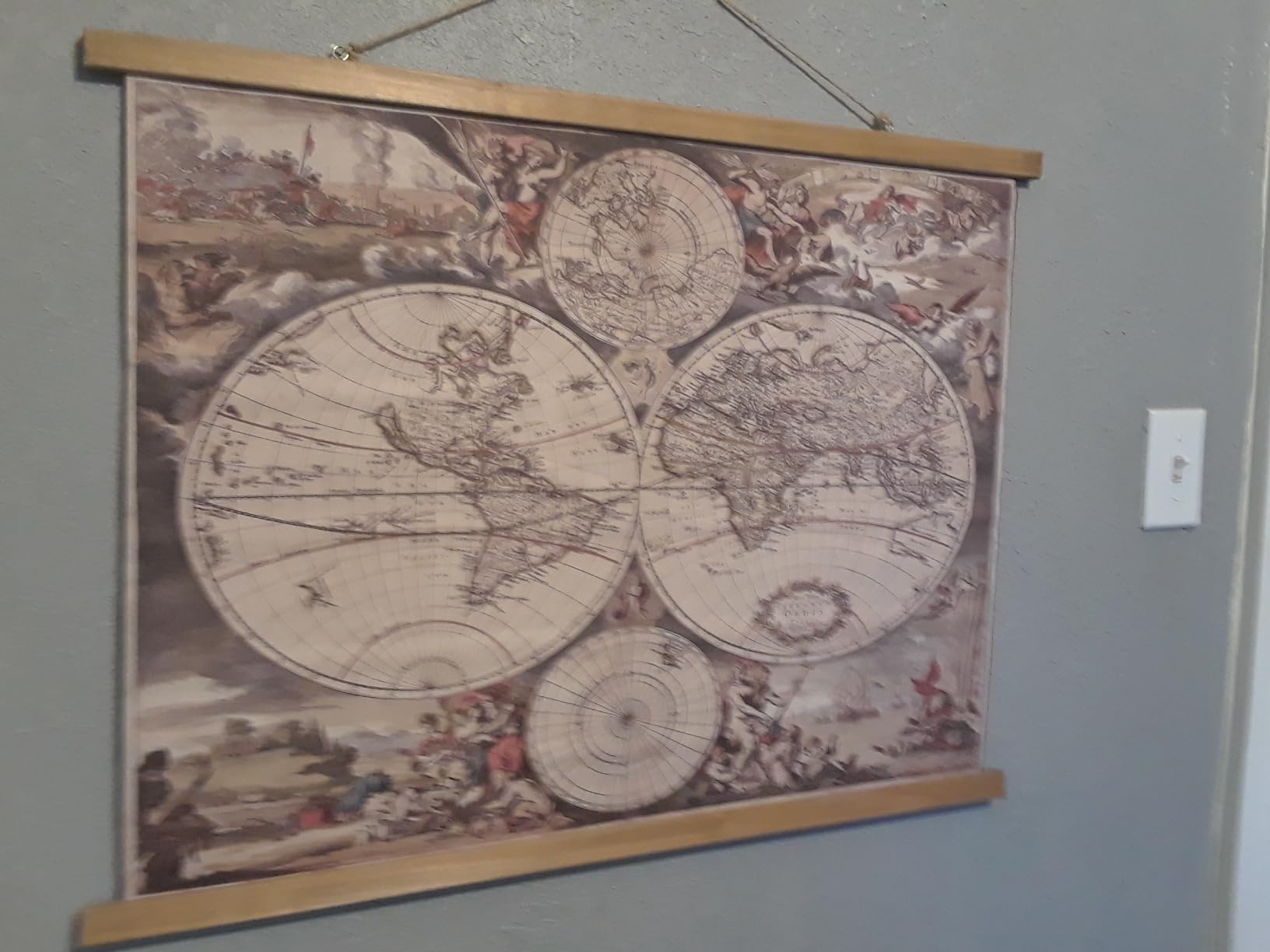 XIAOAIKA Vintage World Map Wall Decor - 17th Century Linen Print with Wooden Hanger, Double Hemisphere Design, Nautical and Mythological Illustrations, Retro Maritime Exploration Art, 39 x 29 Inches customer photo 2
