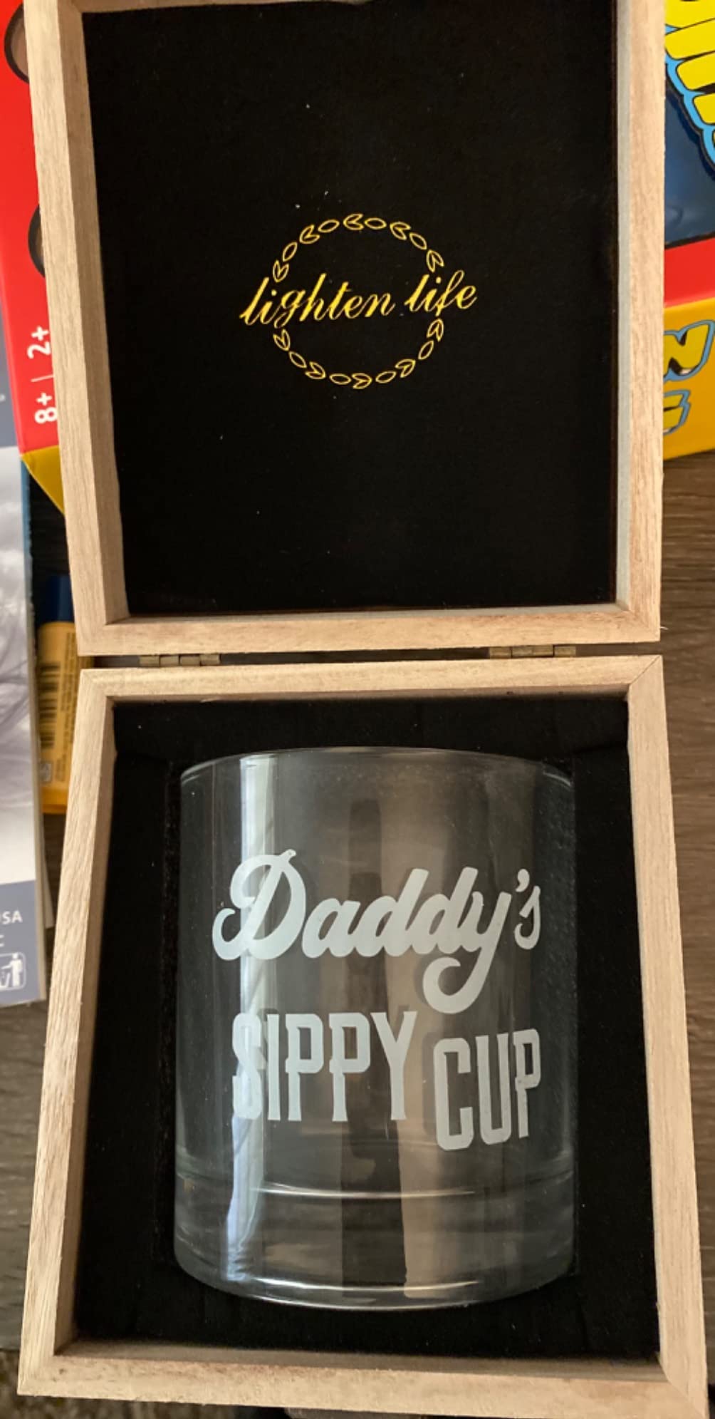 LIGHTEN LIFE Daddy's Sippy Cup Whiskey Glass 12 oz, Unique Dad Gift in Valued Wooden Box, Funny Gag Gift for New Dad, Father, Husband customer photo 2
