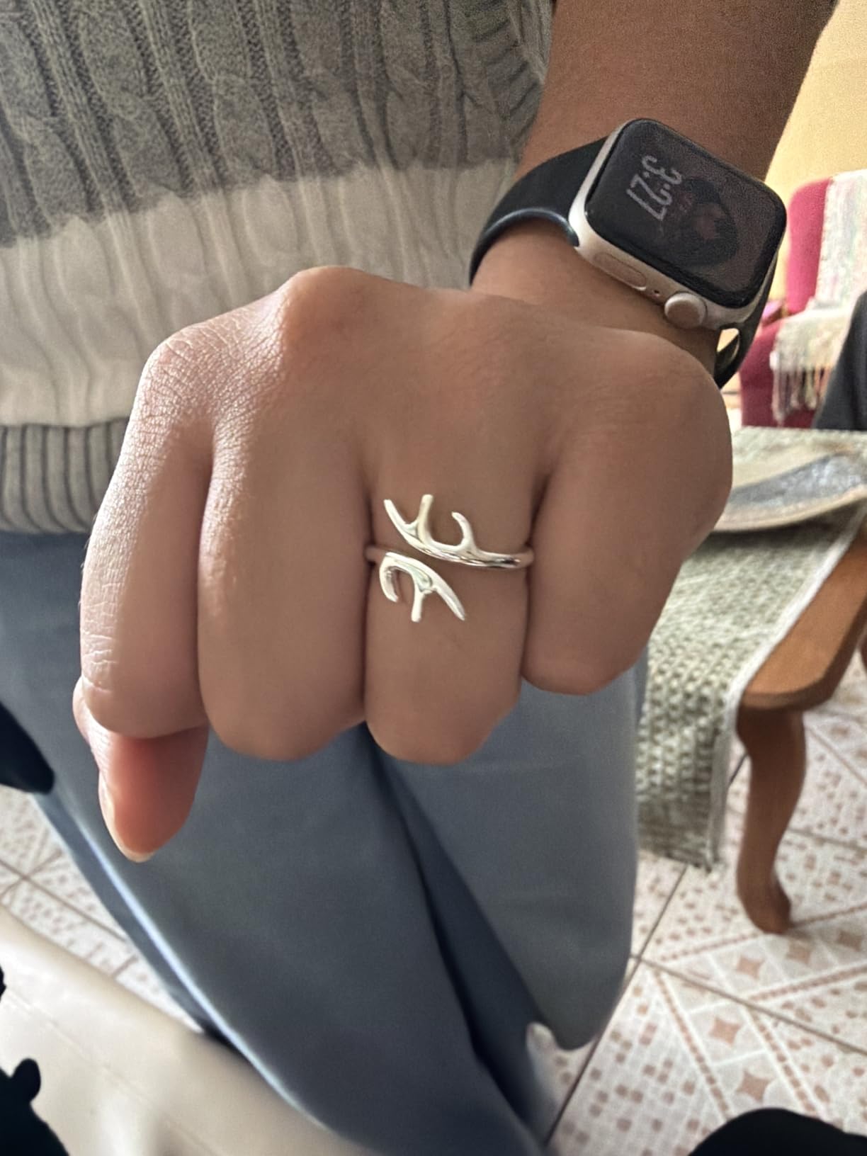 Women's Elk Deer Antlers Ring - Gold/Silver Plated Country Forest Hunting Ring, Personality Cowgirl Ring Jewelry Birthday Christmas Gift, Adjustable Ring Size to 6 7 8 9 10 11. customer photo 1