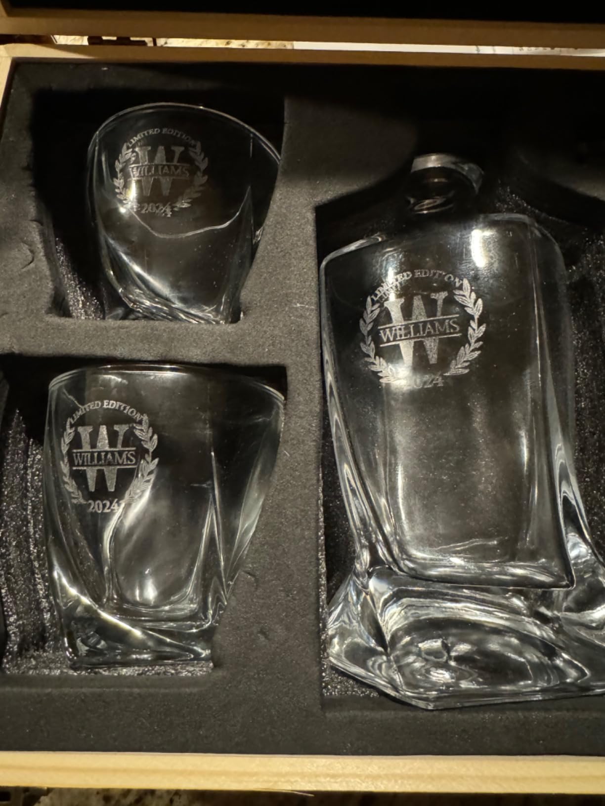 Personalized Twisted Whiskey Decanter and Stones Gift Set with Engraved Decanter, 2 Twisted Glasses, 2 XL Chilling Balls in Premium Wooden Box customer photo 2