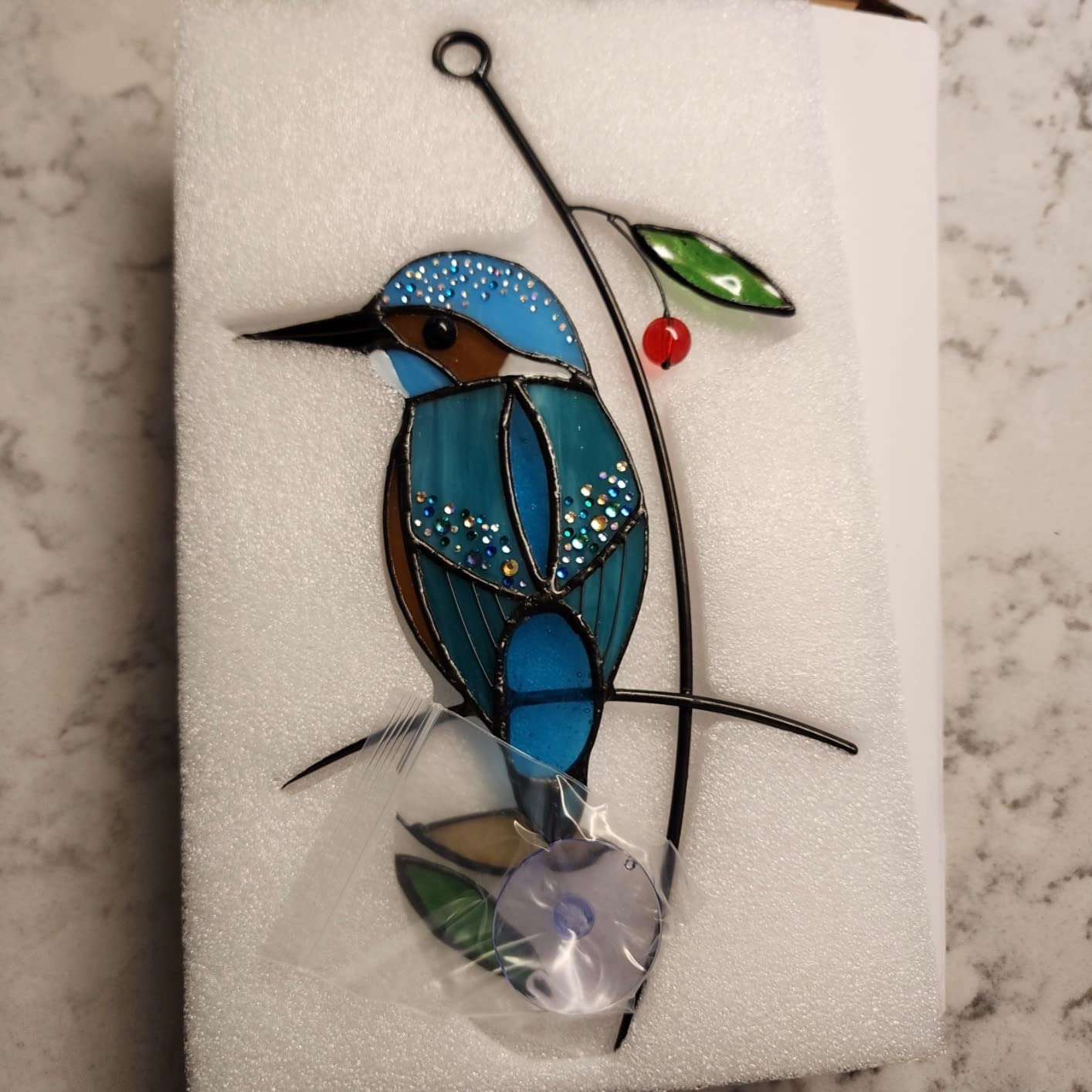 Lolitarcrafts Kingfisher Stained Glass Window Hangings Bluebird on Branch Suncatchers for Window Modern Birds Decor (Blue with Rhinestone) customer photo 2