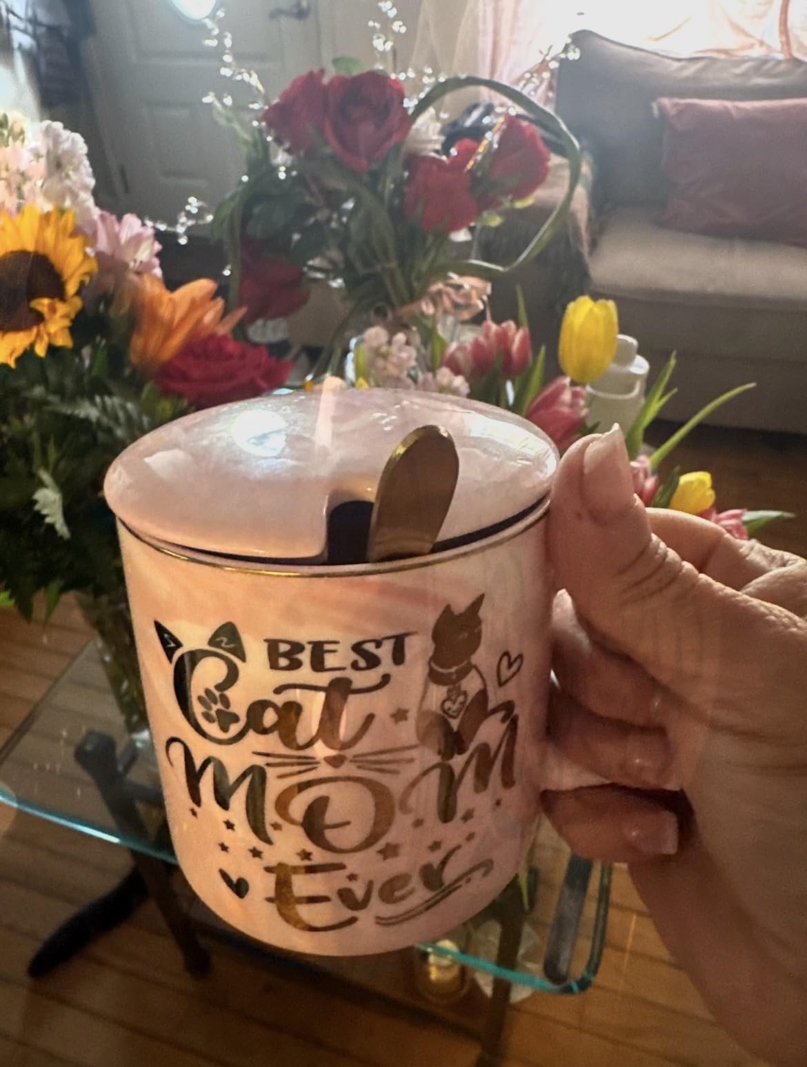 Cat Mom Gifts for Women, Best Cat Mom Ever Mug, 14oz Pink Marble Ceramic Gold Pattern Cup Gift Box customer photo 2