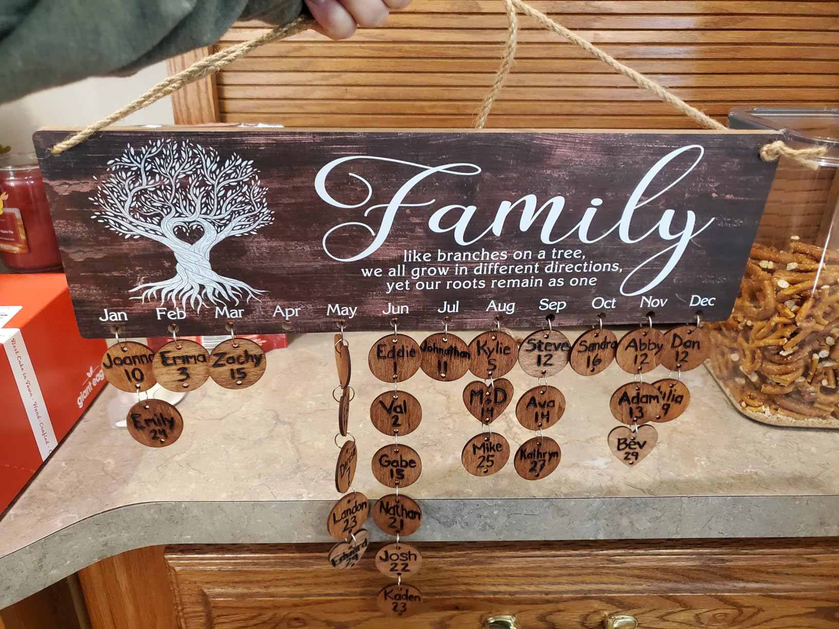 CHDITB Personalized Family Tree Birthday Calendar 16x5 inch | Rustic DIY Names Dates Birthday Reminder Chart Tracker Wall Hanging with 100 Tags, Easy to Mount, Gift for Mom Grandma customer photo 1