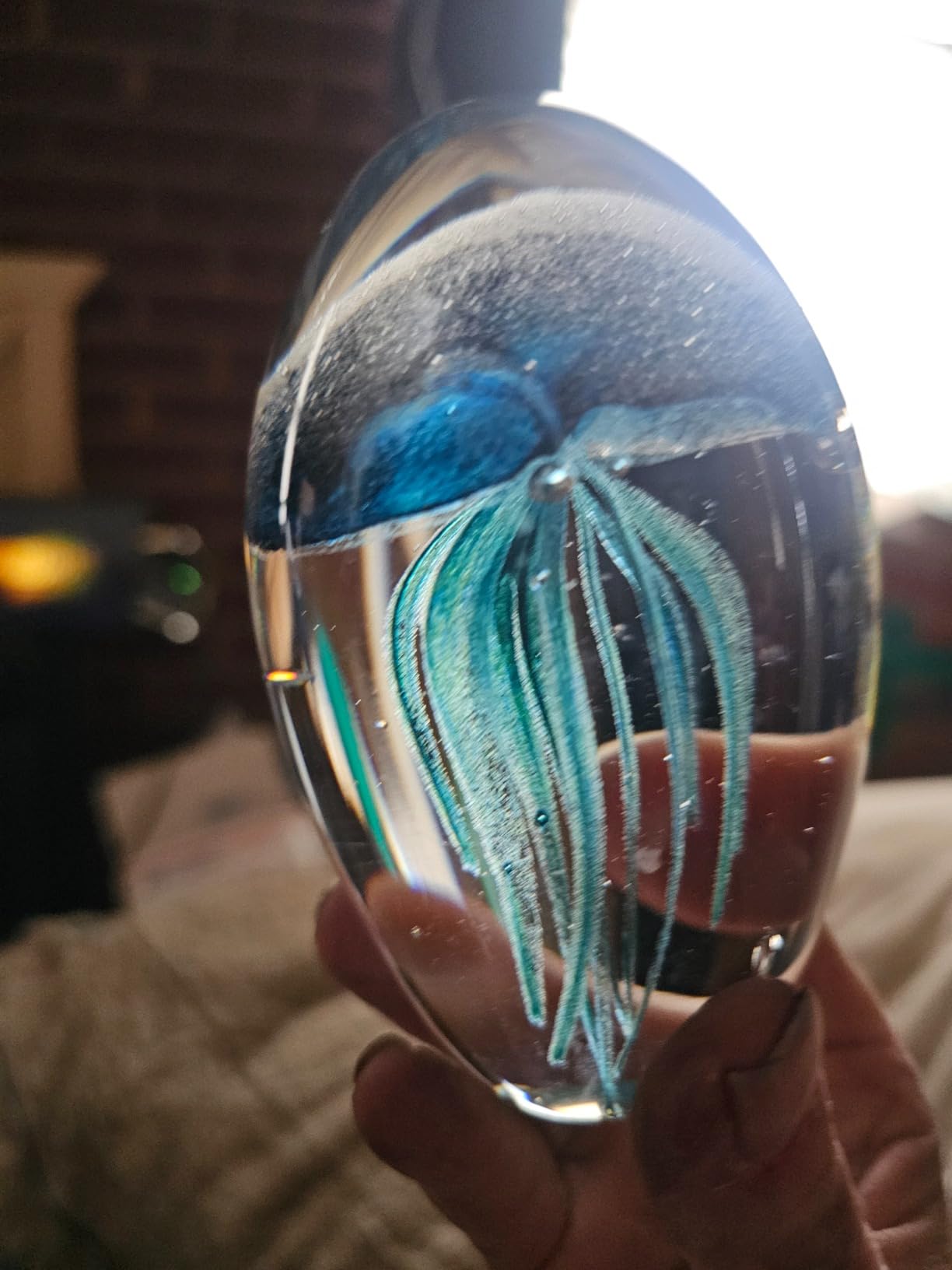 Hand Blown Glass Jellyfish Figurine, Glow in The Dark Paperweight, Collectible Sea Creature Statue Decor for Home, Office, Party Decoration and Gift (Turquoise) customer photo 2