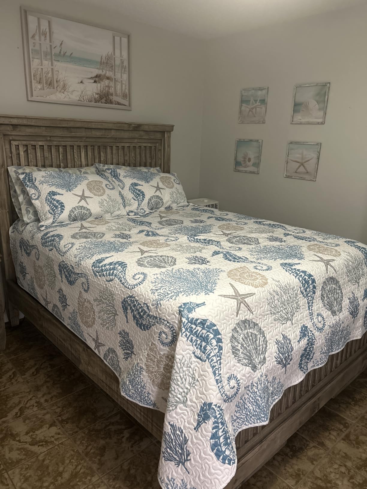 Nautical Queen Quilt Set, Coastal Seahorse Bedding, 3 Piece, 90