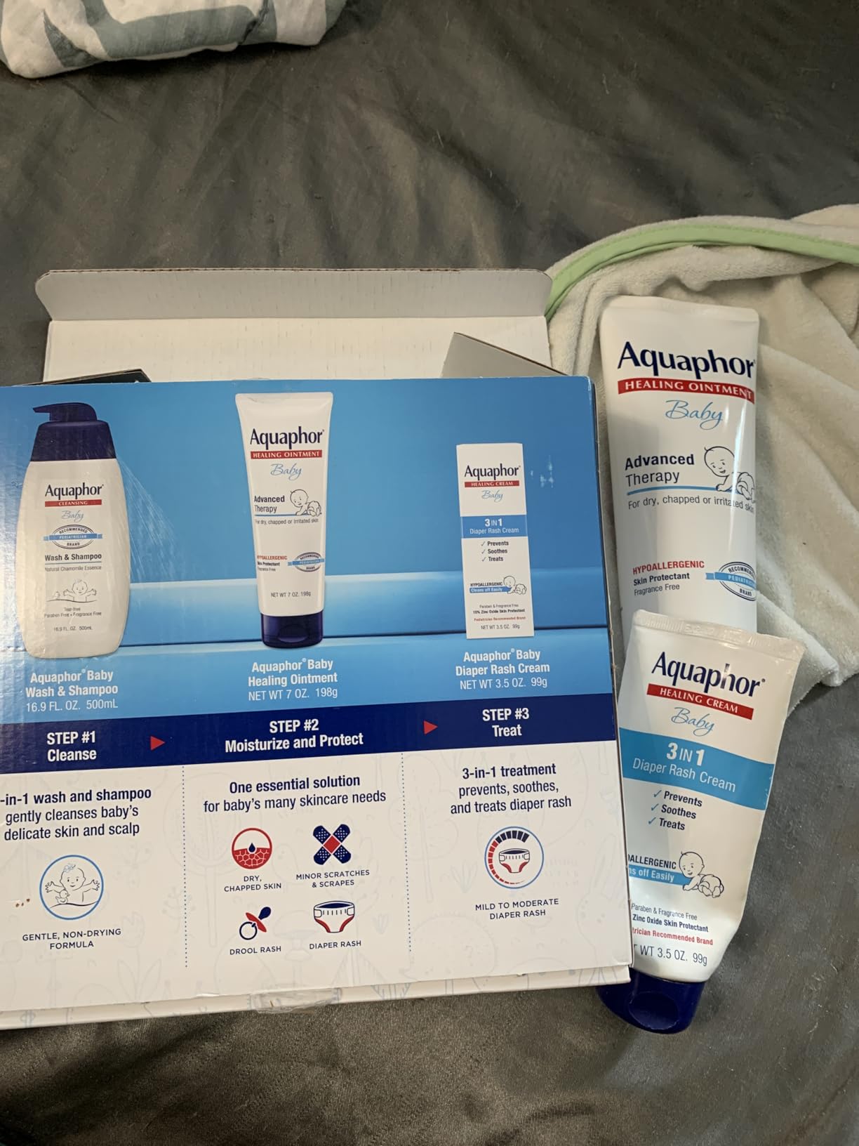 Aquaphor Baby Skin Care Essentials Gift Set, 3 Item Variety Pack | Baby Wash and Shampoo (16.9 FL OZ), Healing Ointment for Chapped Skin and Drool Rash (7 OZ), Diaper Rash Cream (3.5 OZ) customer photo 1
