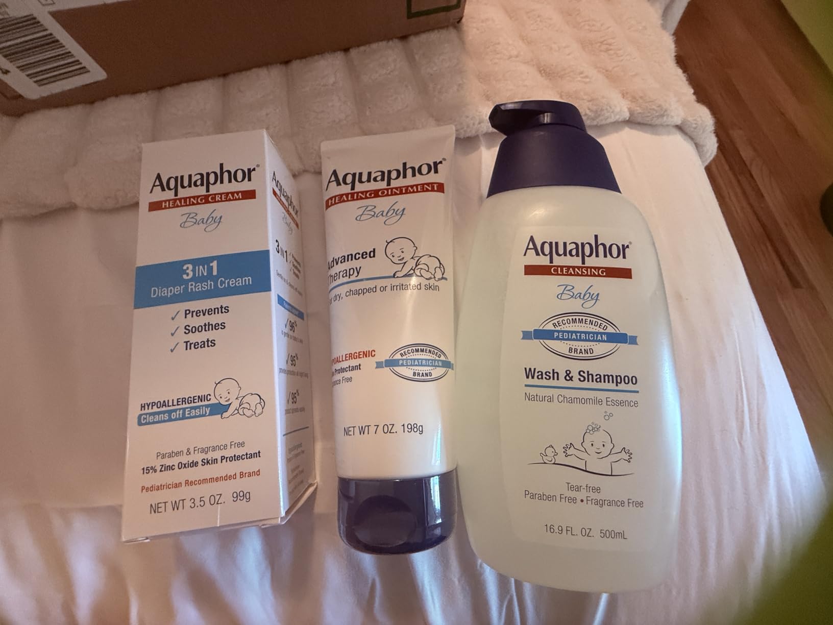 Aquaphor Baby Skin Care Essentials Gift Set, 3 Item Variety Pack | Baby Wash and Shampoo (16.9 FL OZ), Healing Ointment for Chapped Skin and Drool Rash (7 OZ), Diaper Rash Cream (3.5 OZ) customer photo 2
