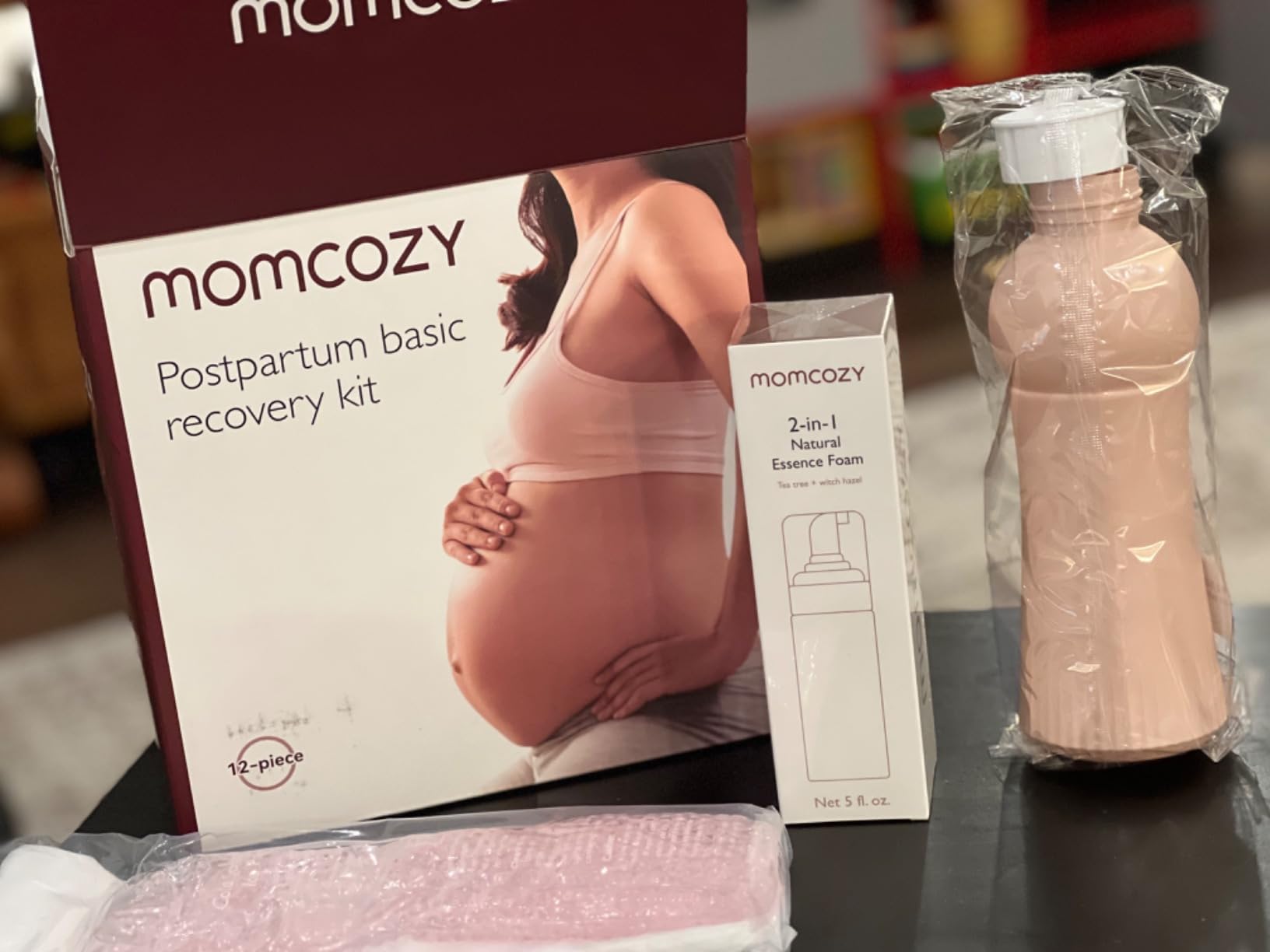 Momcozy Postpartum Recovery Essentials Kit, Labor Delivery Mom Care Kit, Self-Absorbent Disposable Underwear Nipple Nursing Pads Upside Down Peri Bottle Cold Pads Cooling Foam Canvas Bag Set customer photo 1