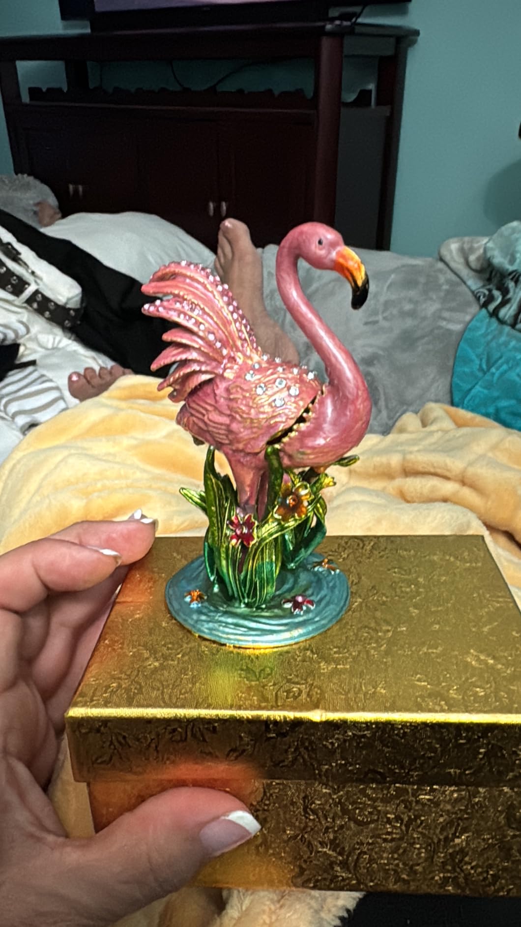 Hand Painted Enamel Kingfisher Trinket Box, Hinged Unique Mini Ring Necklace Jewelry Organizer, Classical Bejeweled Storage, Figurine Collectible Keepsake Home Decor (Kingfisher) customer photo 2