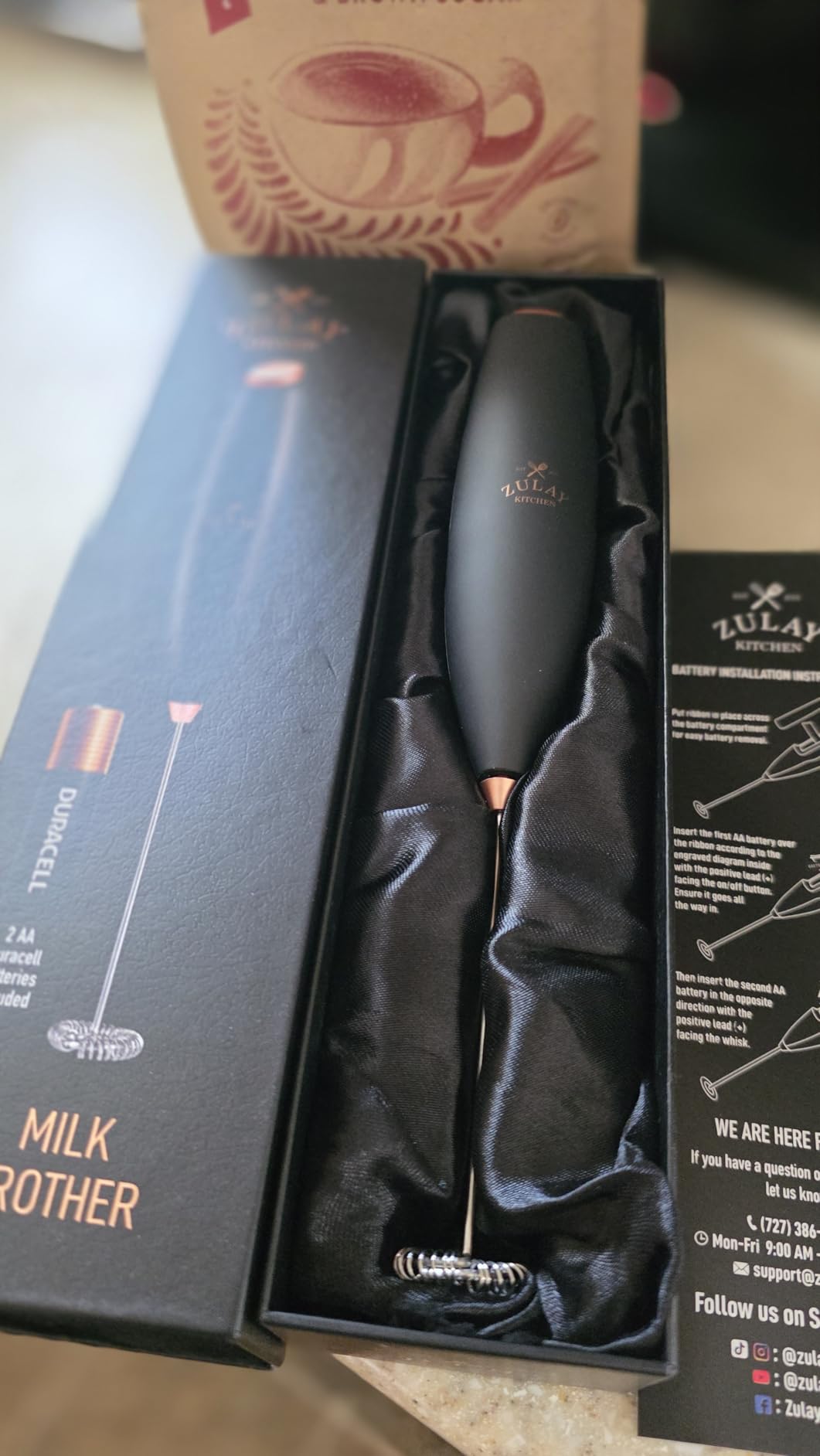 Zulay Premium Gift Milk Frother Set – Handheld Coffee Frother with Stand, 12oz/350ml Frothing Pitcher + 4 Latte Art Stencils – 13,000 RPM Motor, SS Whisk, Battery Operated – Barista Kit (Exec Black) customer photo 2