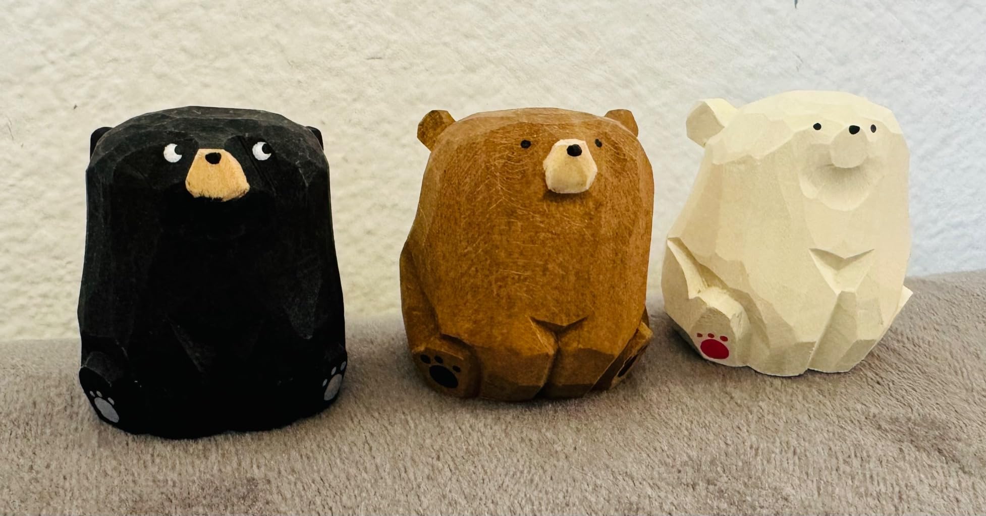 Small Sitting Wooden Bear Figurines 3-Pack - Hand-Carved Brown, Polar & Black Bears, 1.4