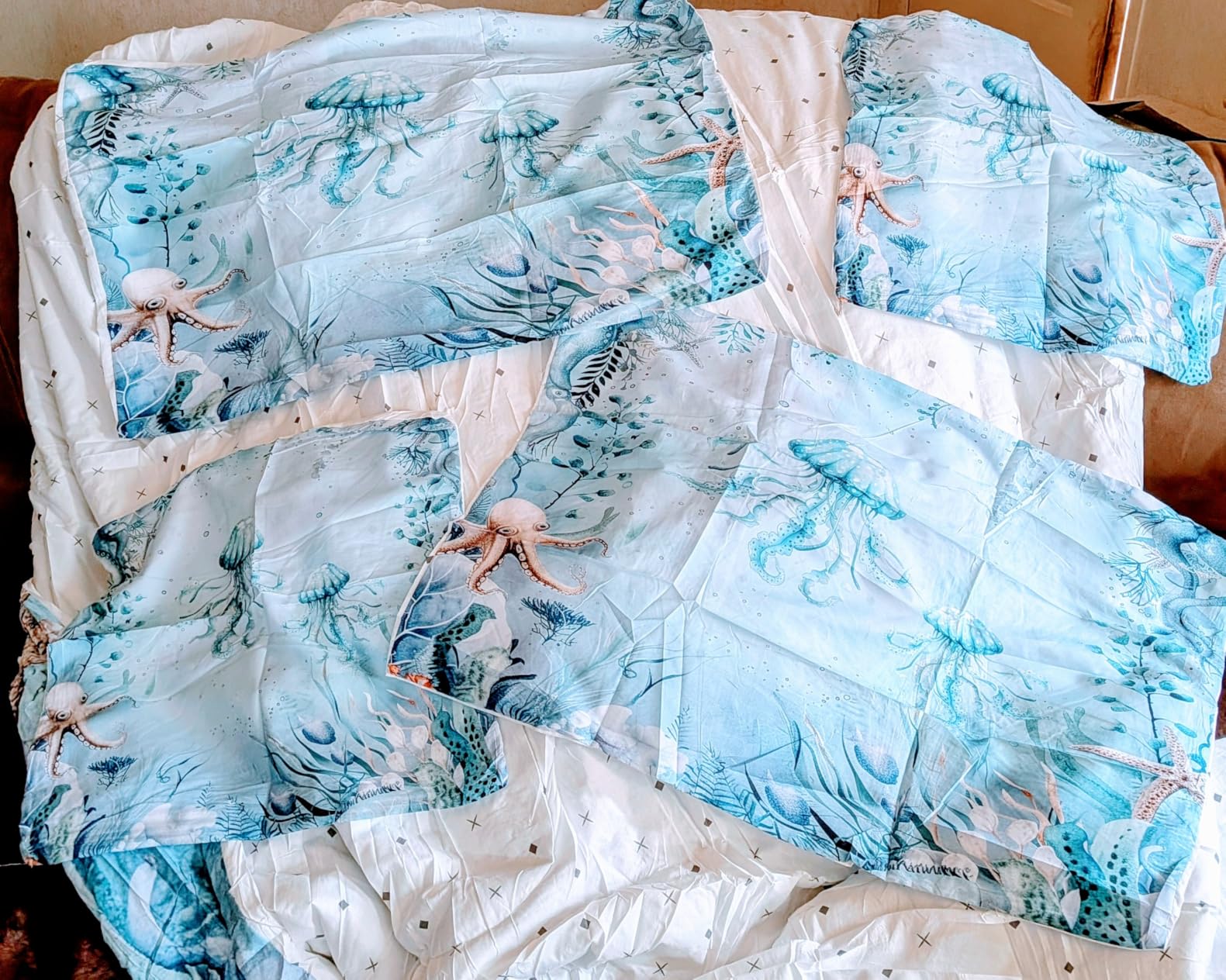 Ursine Seal Bed in a Bag Queen Comforter Set 7 Piece, Teal Blue Ocean Beach Coastal Bedding Set Starfish Octopus Sheet Sets with Comforter Underwater Creature Coral Bed Set, Kawaii Fish Room Decor customer photo 2
