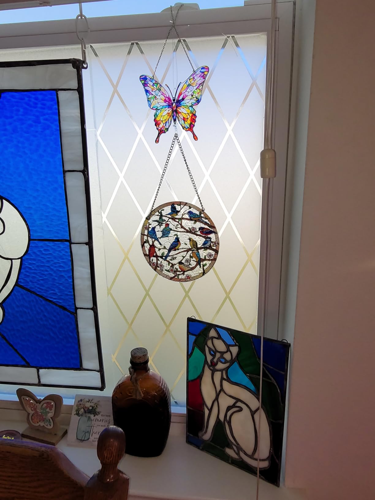 Stained Glass Window Hanging Suncatcher - Hand-Drawn Cardinal & Hummingbird Panel Birds on Branch customer photo 2