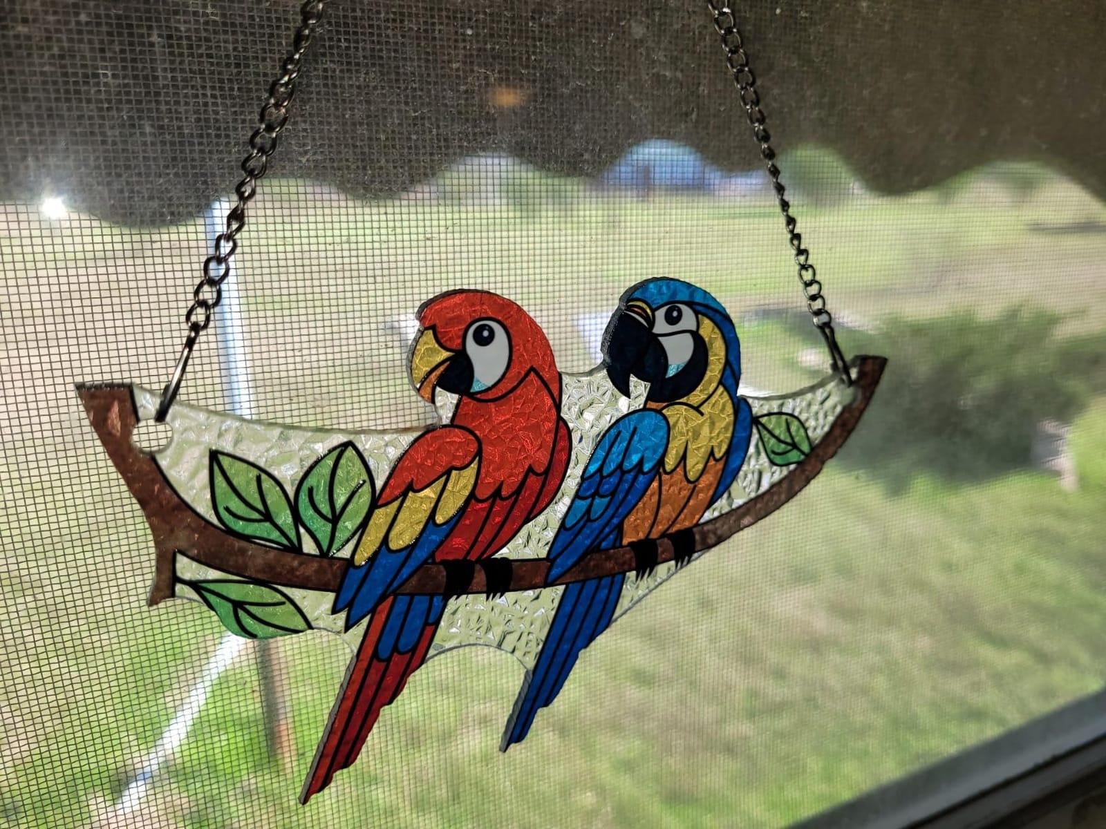 Macaw Bird Stained Glass Suncatcher on Branch 6.4