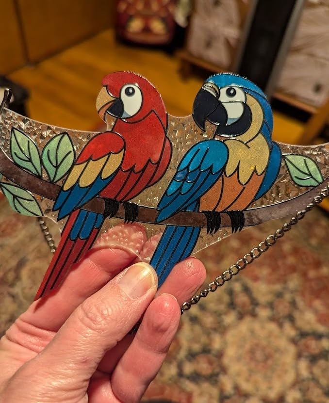 Macaw Bird Stained Glass Suncatcher on Branch 6.4