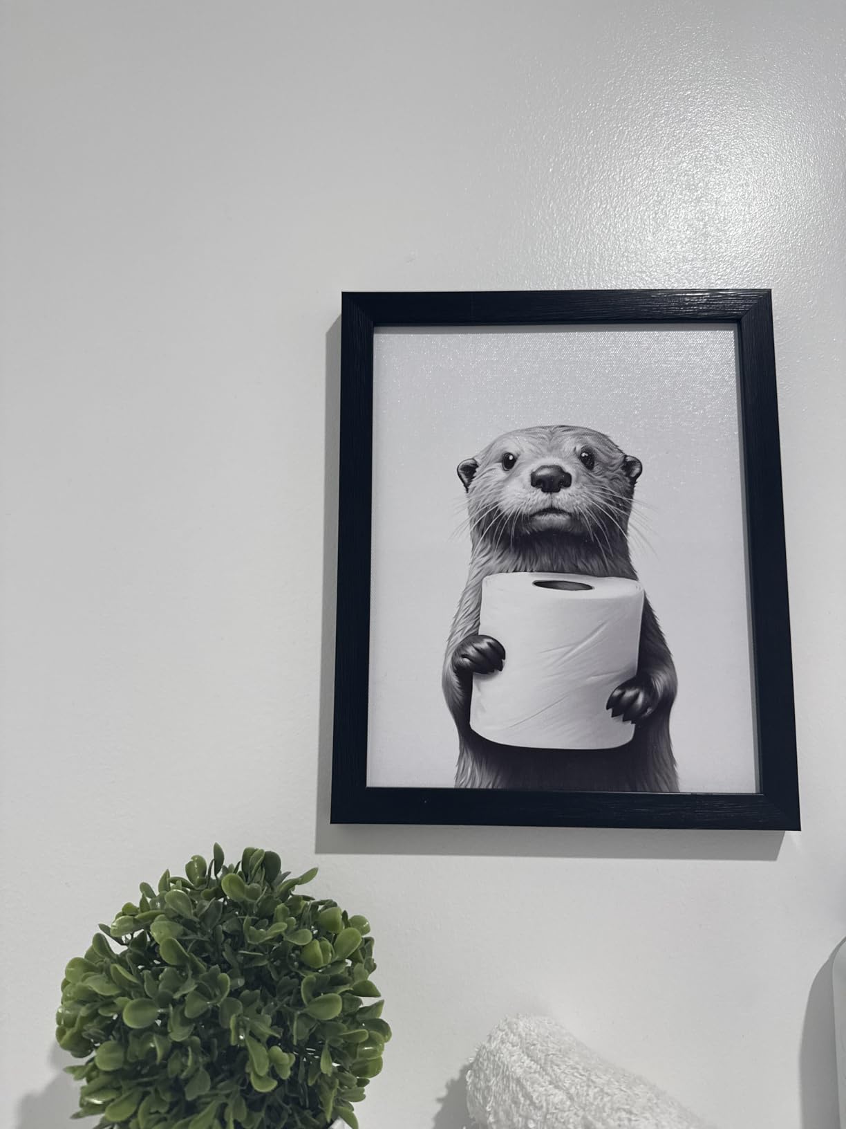 Bathroom Picture Wall Decor, Framed Black and White Bathroom Wall Art, Toilet Paper in Little Funny Raccoon's Hand Animal Canvas Print Painting customer photo 2