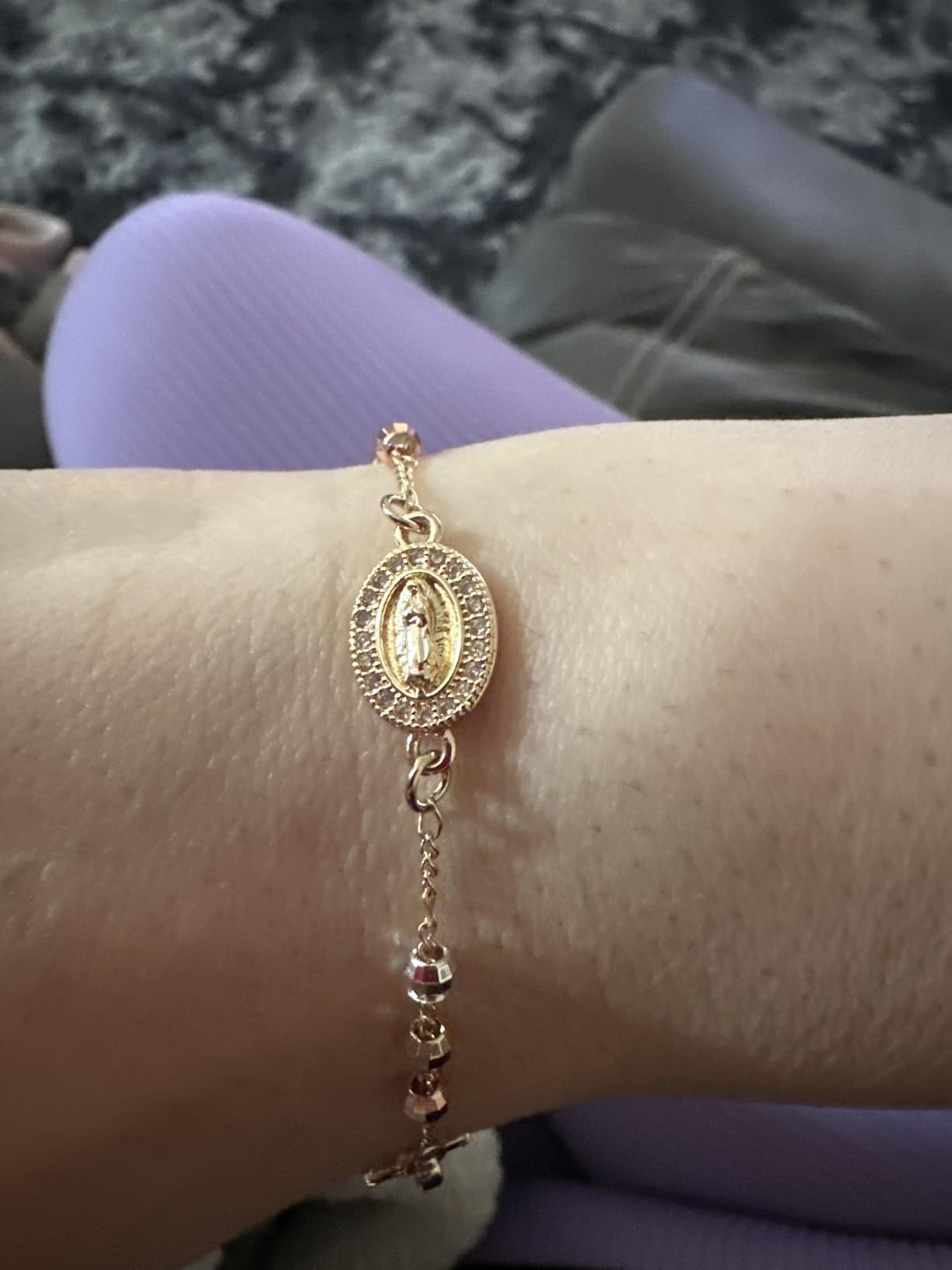 Catholic Crucifix Gifts Rosary Bracelet for Women-14K gold plated Virgin Mary Jesus Saint Benedict Cross Charm Link Chain, Dainty Virgen de Guadalupe Religious Gift for Confirmation Baptism First Communion customer photo 2