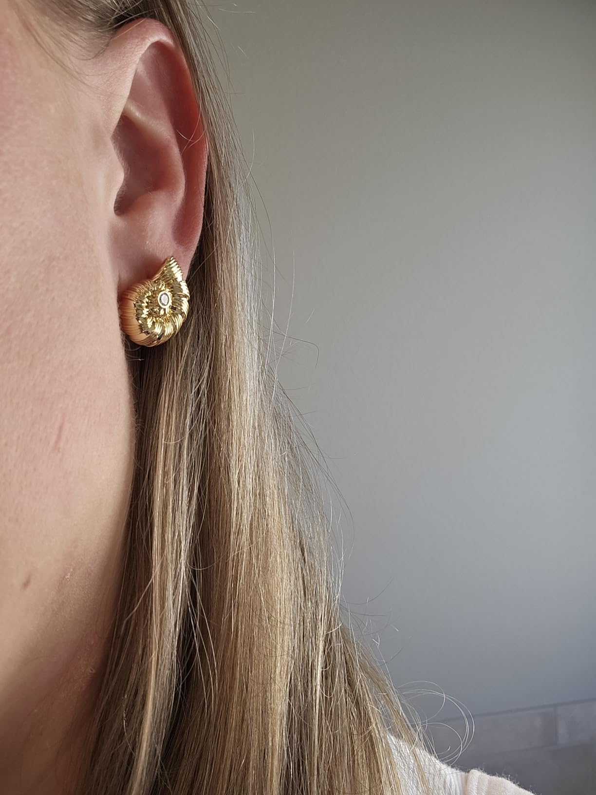 18K gold plated Knot Textured Nautilus Seashell Chunky CZ Statement Stud Earrings for Women by SNGIA, Coastal Round Button Twist Spiral Handmade Trendy Summer Sea Fan Studs Jewelry Gifts, Formal Swirl Flower Beachy Ocean Geometric Fashion Drop Accessories, Vintage Twisted Circle Nickle Free Floral Dangling Earrings. customer photo 2