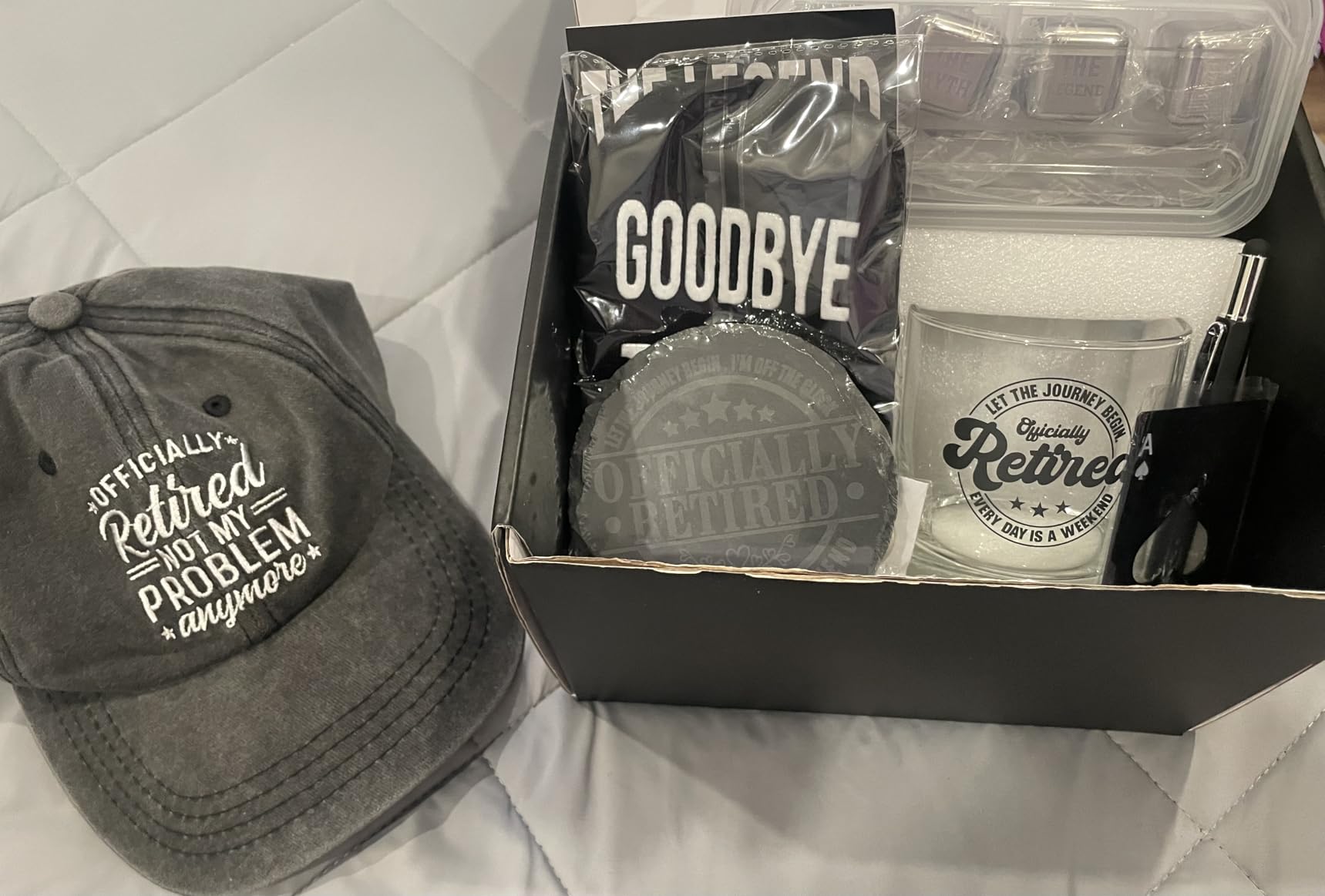 15 Pcs 2026 Retirement Gifts for Men Whiskey Glass Set, The Legend Has Retired, Funny Retired Supplies with 11 Oz Whisky Glass Coaster Stones Apron Baseball Cap Socks for Dad, Coworker, Boss, Grandpa customer photo 1