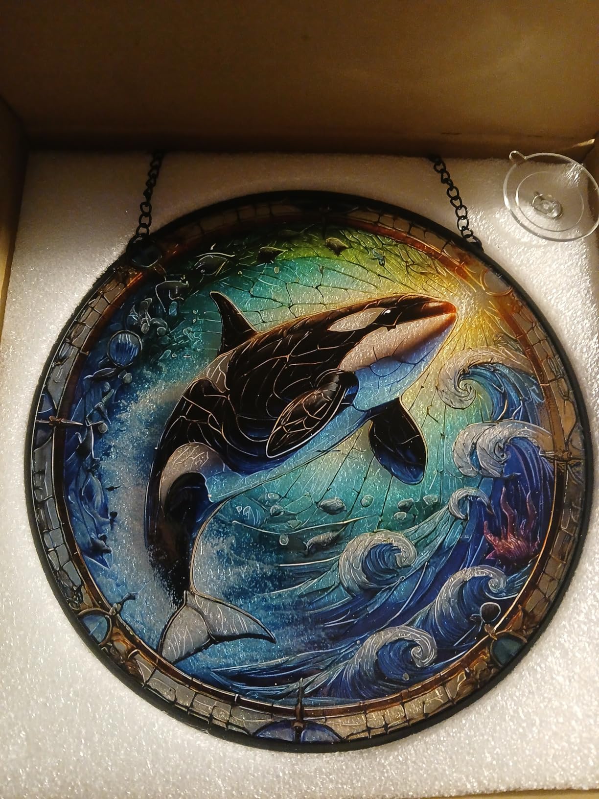 Orca Stained Glass Window Hanging, Glass Sun Catcher Wall Art Decor, Birthday Christmas Orca Gifts for Home, Coffee Bar, Housewarming 20cm/7.87inch customer photo 1