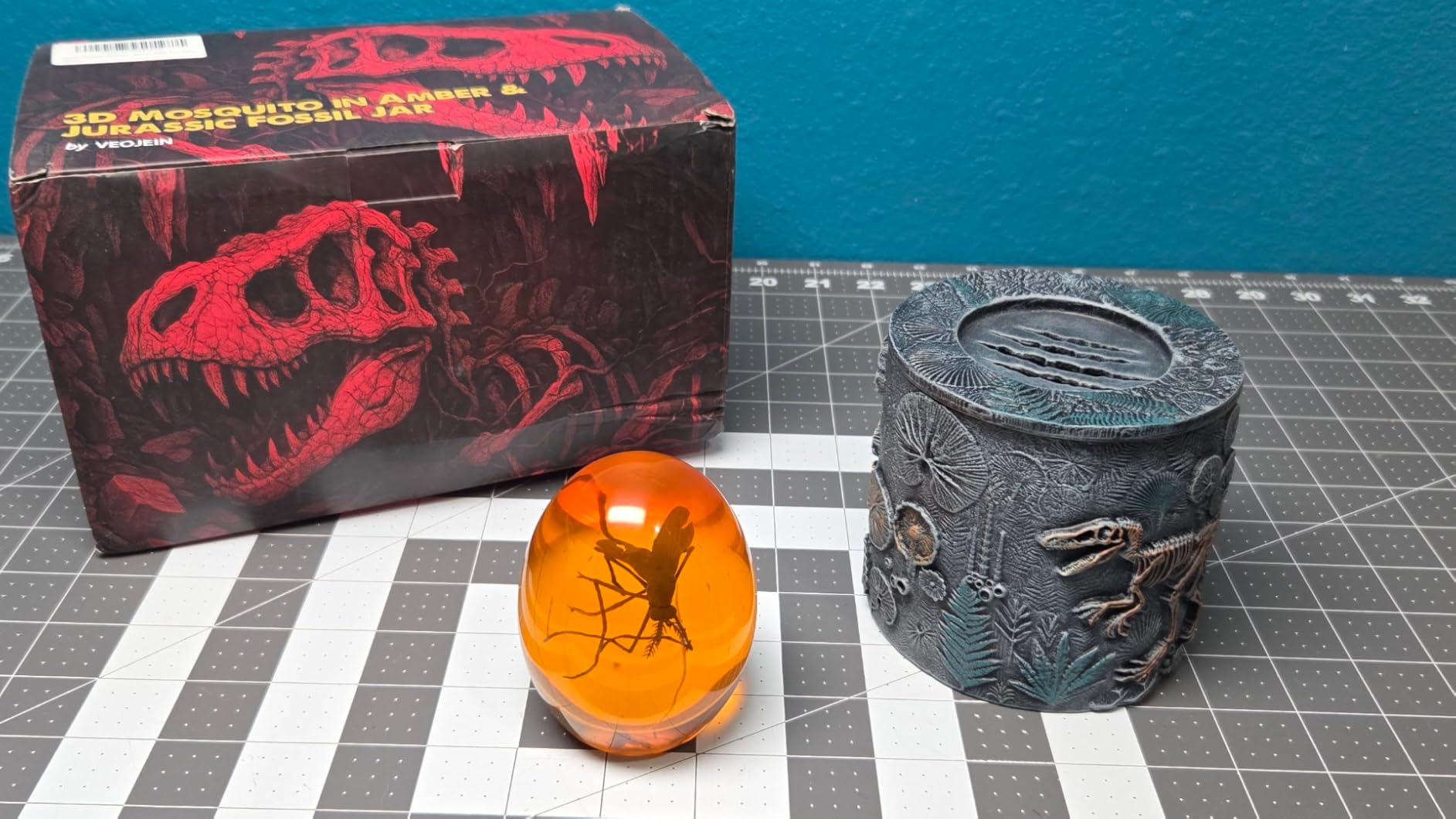 Jurassic Dinosaur Fossil Jar with 3D Amber Mosquito Paperweight, Resin Tyrannosaurus Skeleton Container customer photo 2