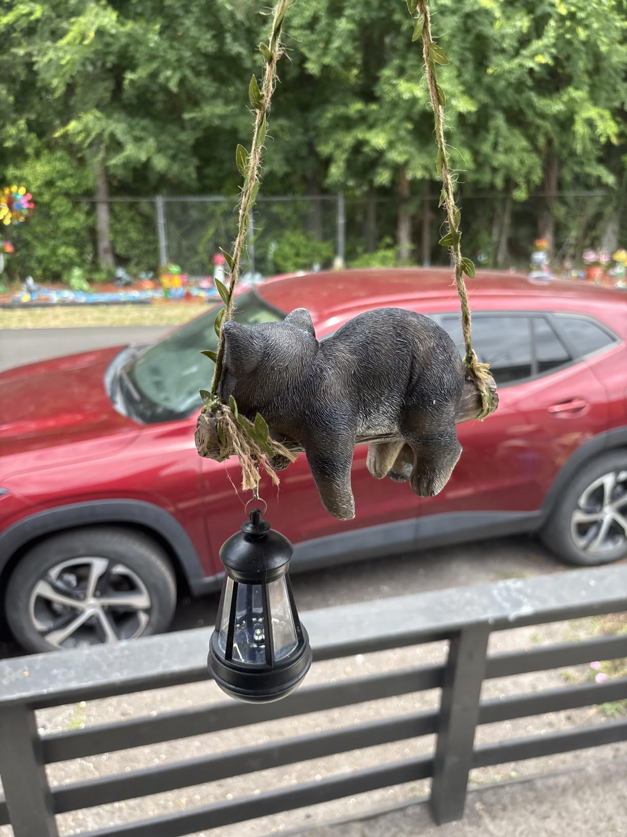 Solar Lighted Garden Outdoor Statue, Hanging Swing Raccoon Style | 20.1