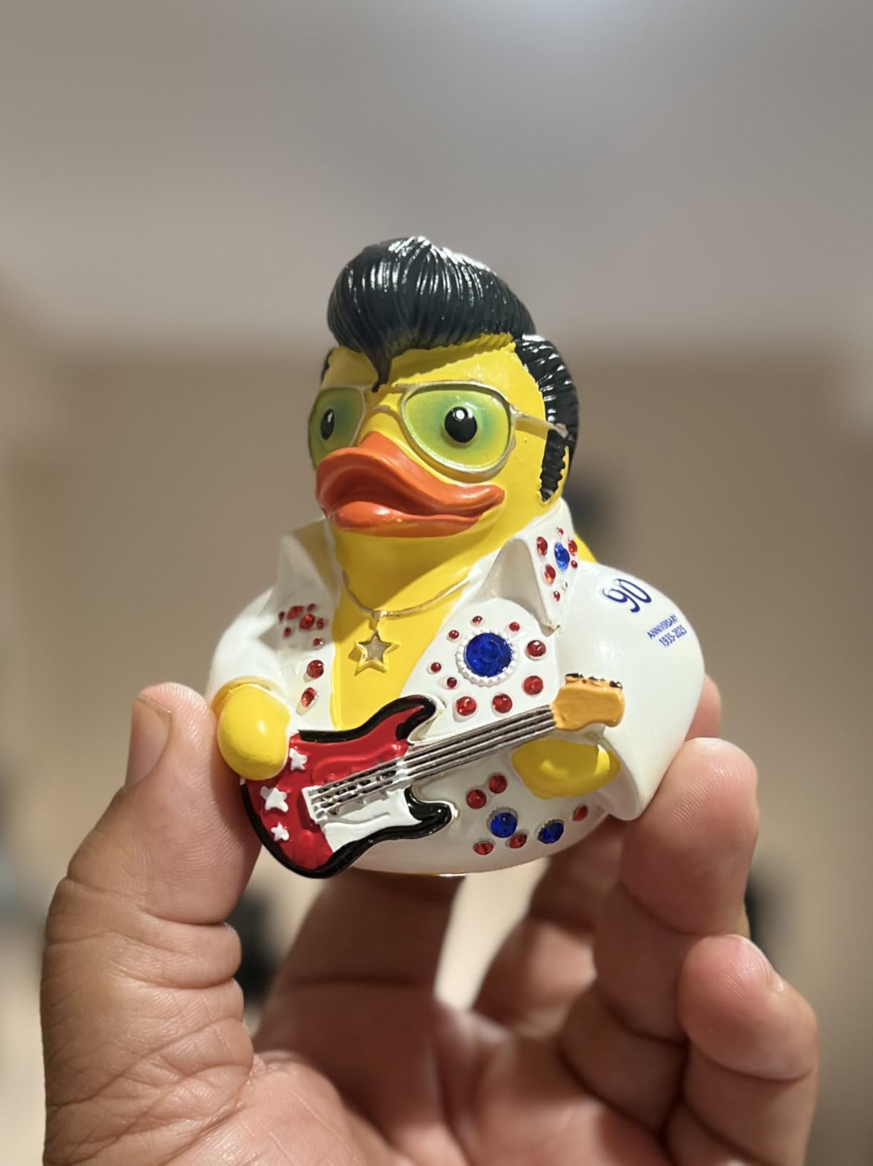 Elvis Duck Figurine, White Jumpsuit Design with Rhinestones, Decorative Collectible, 3.14 x 3.14 x 2.75 inches customer photo 2