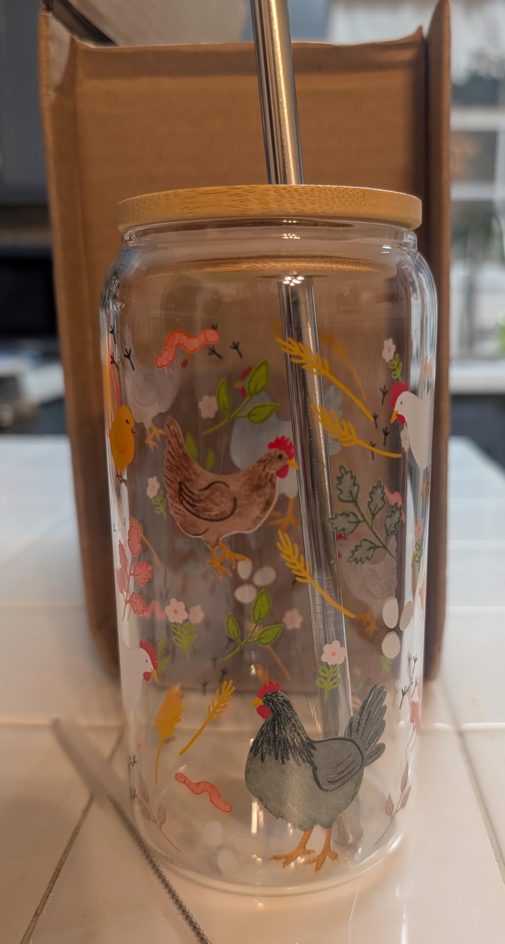 16 oz Cottagecore Glass Cup w/Lid & Straw, Funny Chicken Gifts for Chicken Lovers, Women, Men, Owners, Mom, Her, Farmer, Crazy Chicken Lady Gifts, Cute Mothers Day, Farmhouse, Rooster Decor customer photo 2
