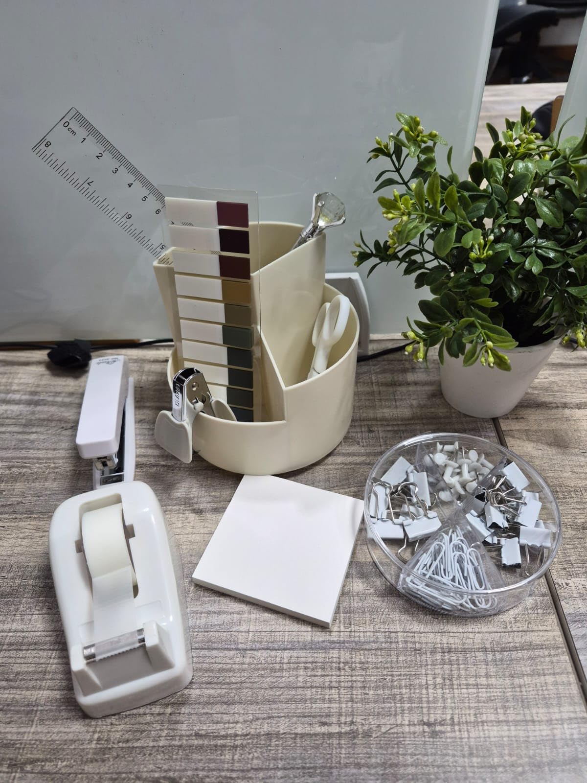 Beige Desk Accessories Office Supplies Set, 12 Pcs | 360° Rotating Pen Holder, Stapler, Tape Dispenser, Scissor, Sticky Notes, Binder Clips customer photo 2