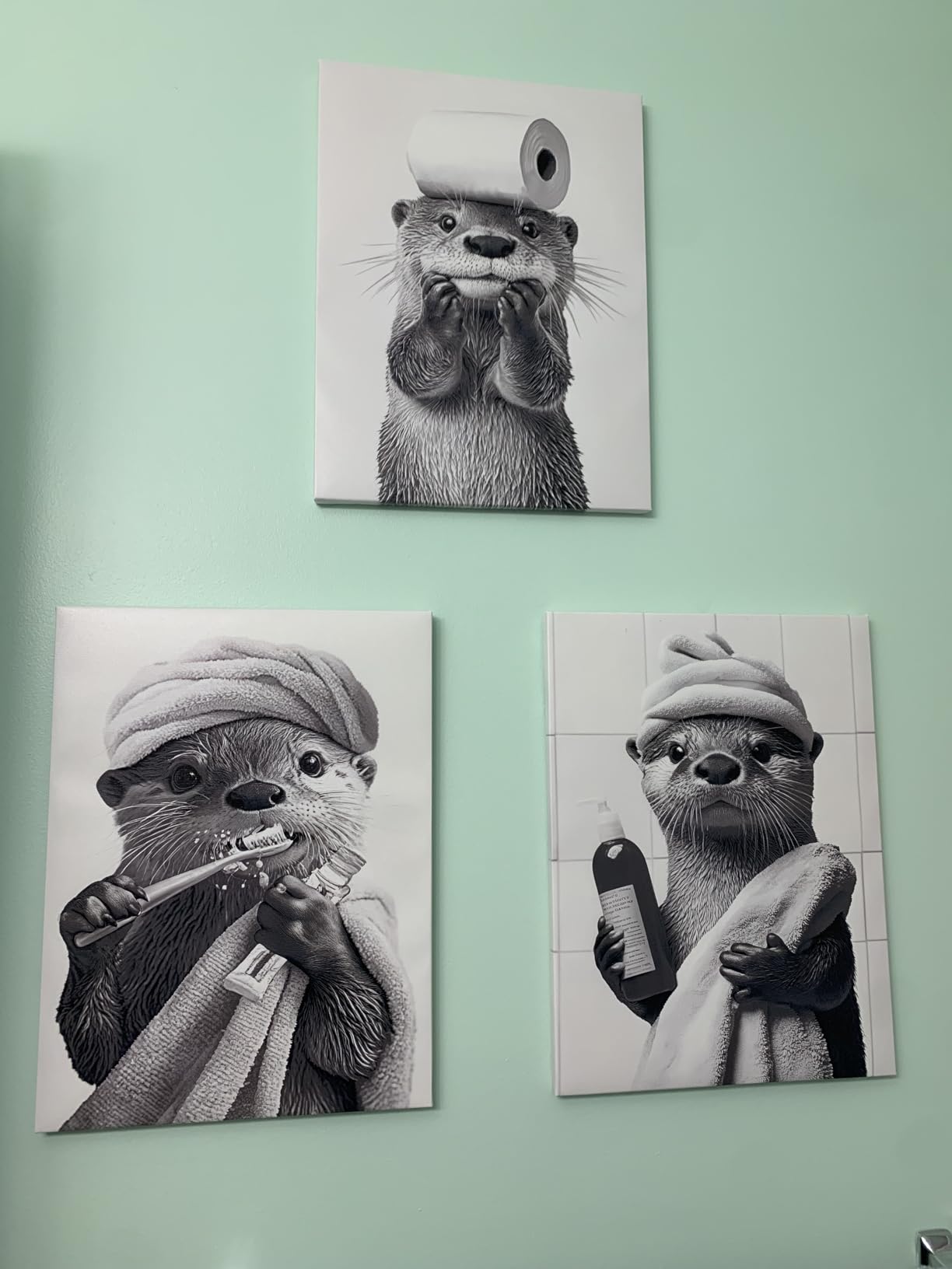 Cute Bathroom Otter Canvas Wall Art Set of 3, Black and White Otter Picture Wall Decor, Funny Painting Print, Farmhouse Humor Animal Art for Bathroom Restroom Decoration Ready to Hang 12x16 inch customer photo 1