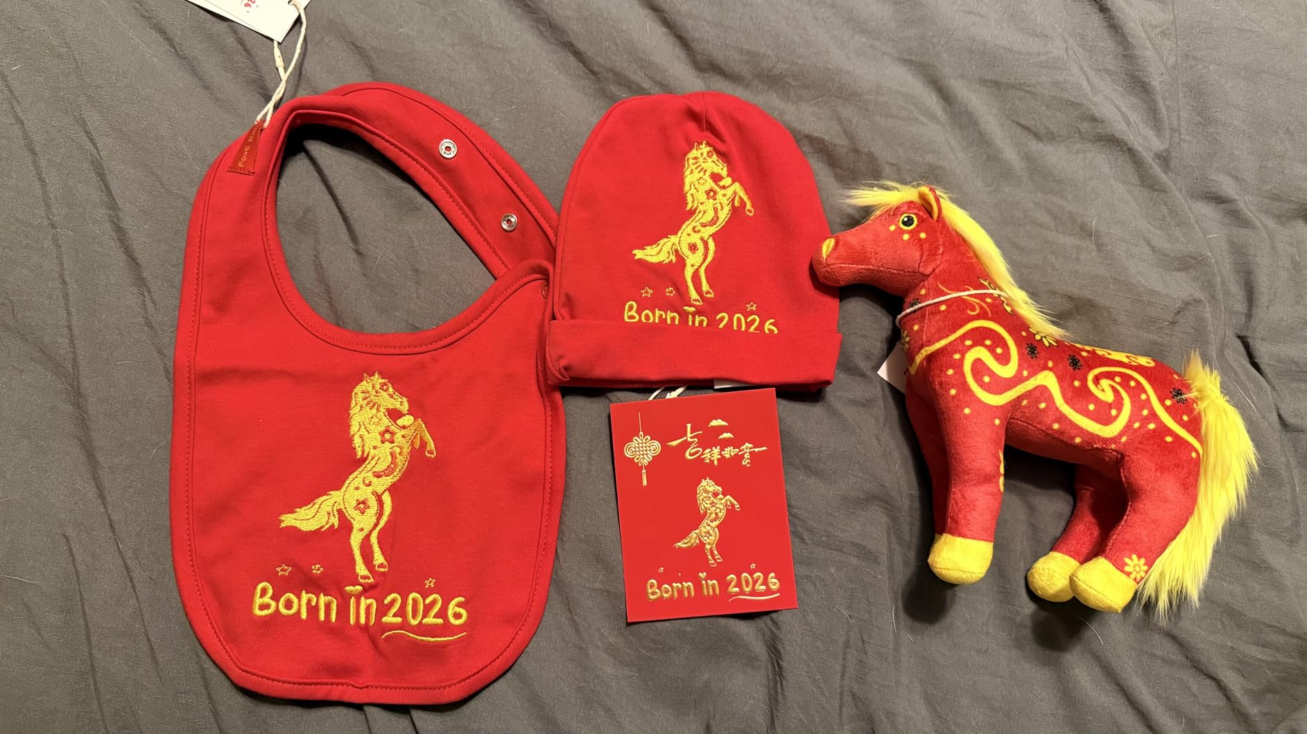 FoxE Year of the Horse Gift Set Born in 2026 - Bib, Beanie & Plush Toy Gift Set with Chinese New Year Red Envelopes, Unisex 100% Cotton 0-24 Months customer photo 1