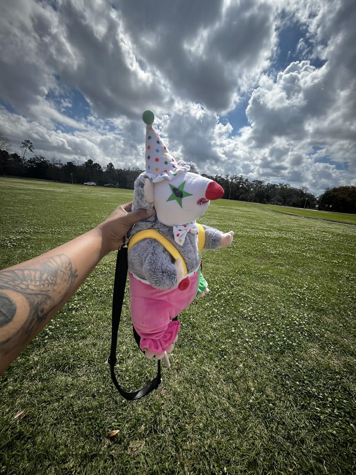 Dolls Kill Possum Star Plush Backpack by Club Exx | Possum-Shaped Plush Backpack with Clown Hat, Embroidered Details, Zipper Closure, and Removable Adjustable Straps customer photo 1