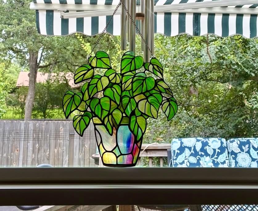 Stained Glass Plant Suncatcher Window Hanging, Marzovitra 10 Inch Real Glass Potted Green Leaves Sun Catcher customer photo 1