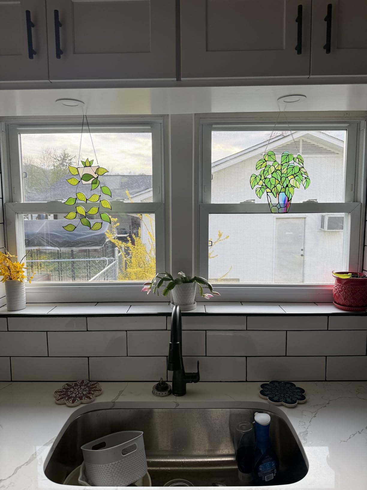 Stained Glass Plant Suncatcher Window Hanging, Marzovitra 10 Inch Real Glass Potted Green Leaves Sun Catcher customer photo 2