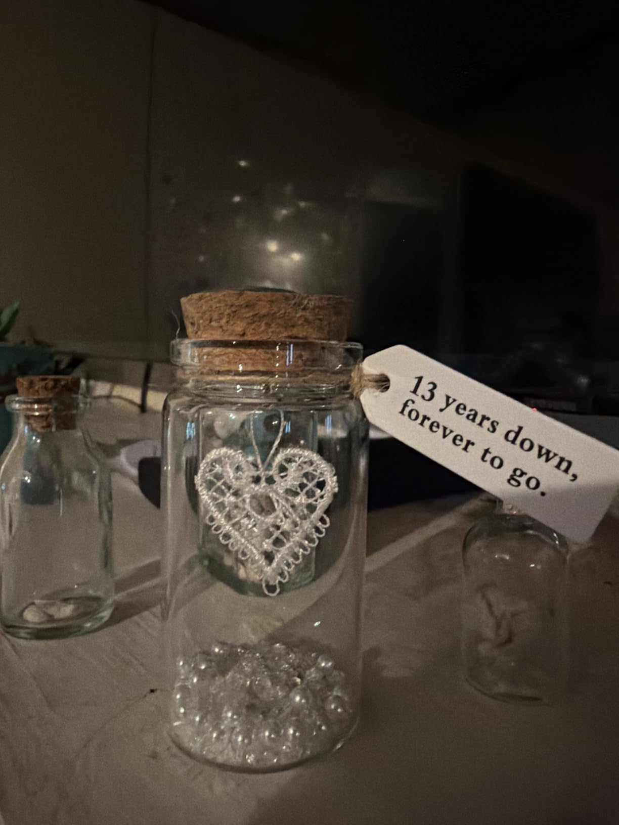 Rimvoe 13th Wedding Anniversary Lace Gift, Lace Heart in Small Glass Keepsake Bottle, with Message Tag 