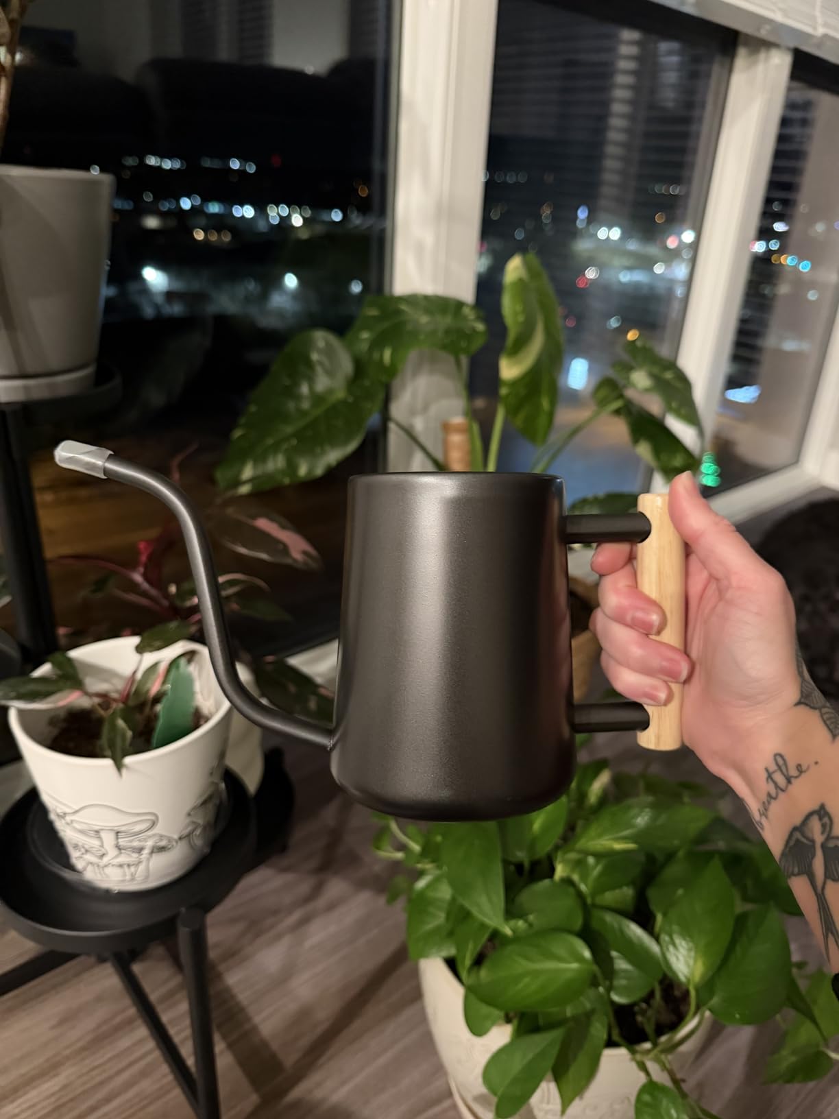 Watering Can Indoor Plants, 35 oz/1000 ml Metal Stainless Steel Watering Can Pot with Long Spout for Indoor House Plants Bonsai Outdoor Garden Flower Decorative White Flowers customer photo 2