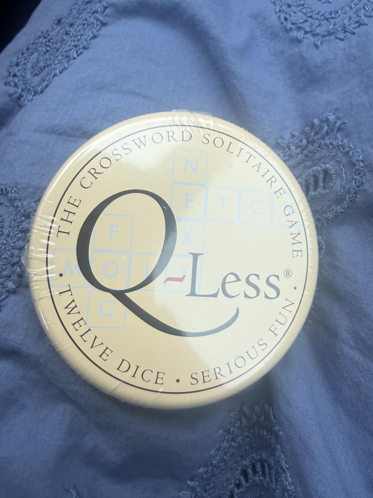 Q-Less - The Original Crossword Solitaire Game, 12 Letter Dice Travel Tin | Portable Wordplay Fun customer photo 2