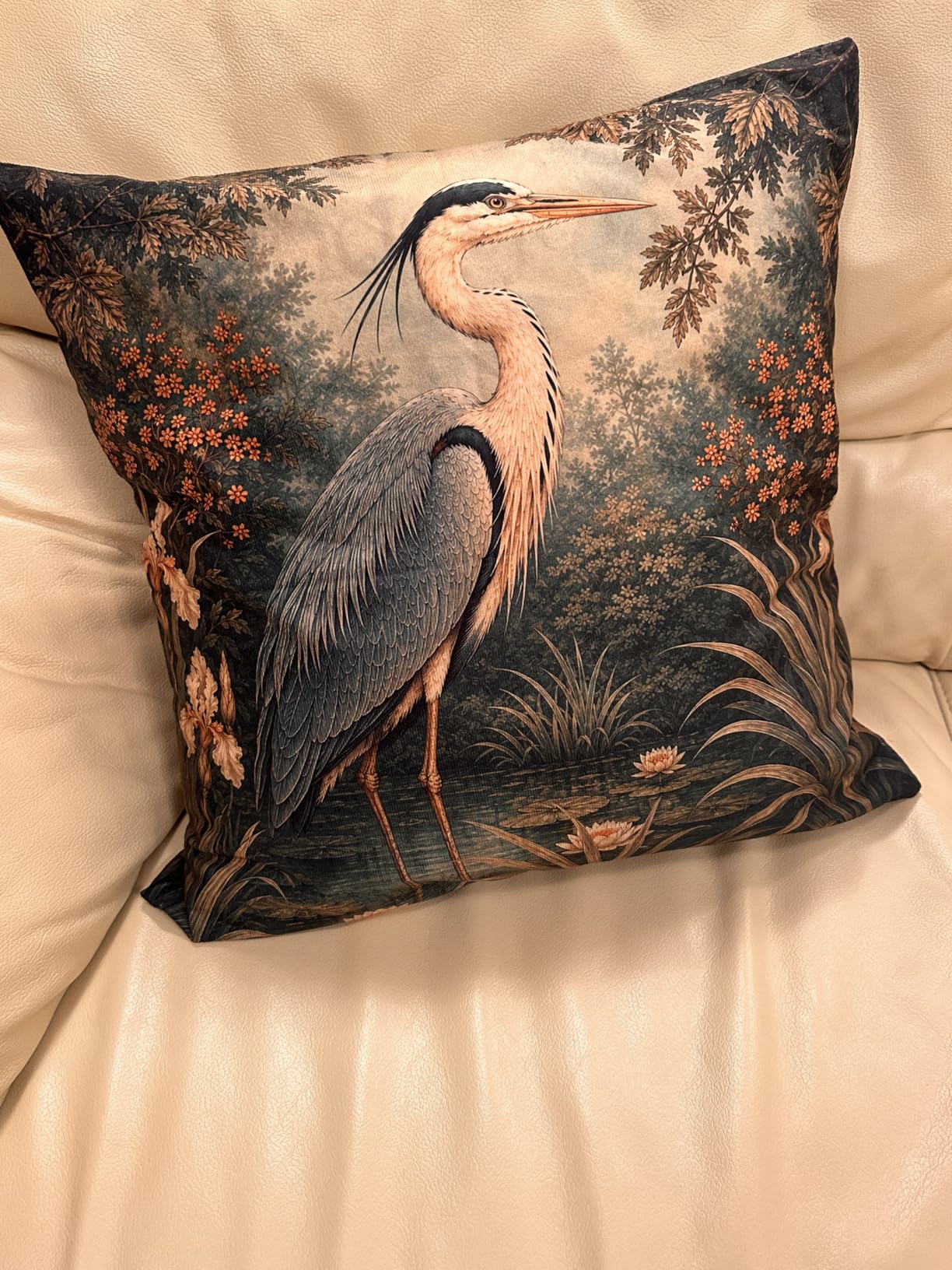 Vintage Floral Blue Heron Bird Pillow Cover 18x18, Oriental Decor, William Morris Inspired Botanical Bird Nature Decorative Throw Pillow Cover for Meditation Zen Yoga Room, Set of 2 customer photo 1