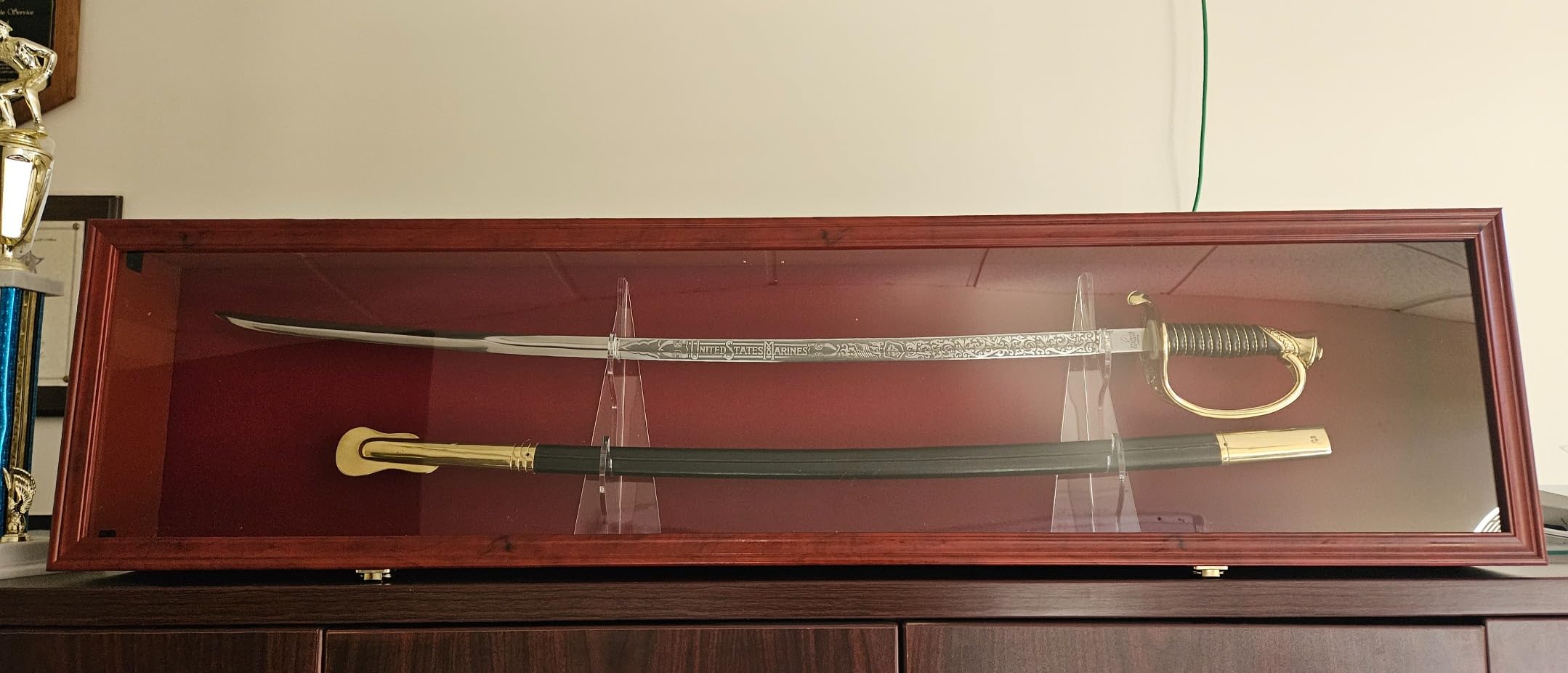 Sword Saber Display Case Cabinet Stand Holder Lightsaber Shadow Box Wall Mount Lockable with 98% UV Protection Red Color Felt (Mahogany Finish) customer photo 1