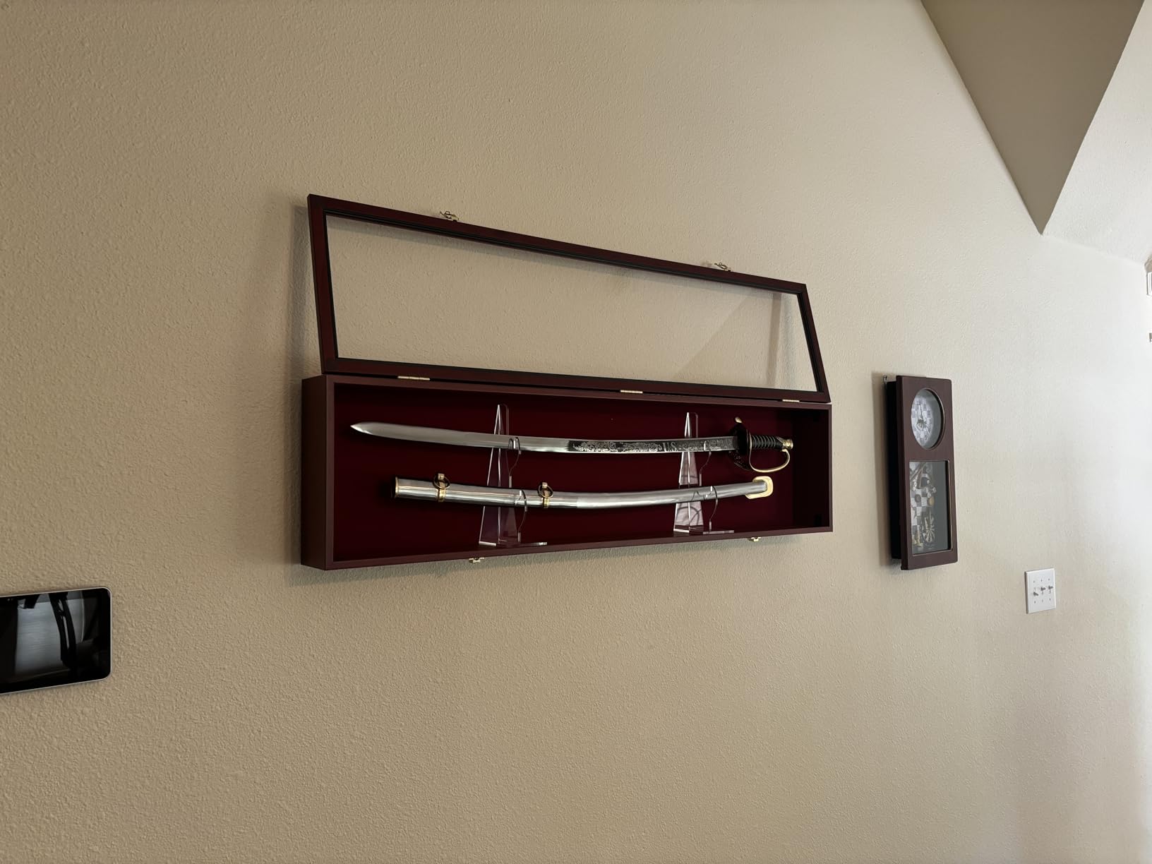 Sword Saber Display Case Cabinet Stand Holder Lightsaber Shadow Box Wall Mount Lockable with 98% UV Protection Red Color Felt (Mahogany Finish) customer photo 2