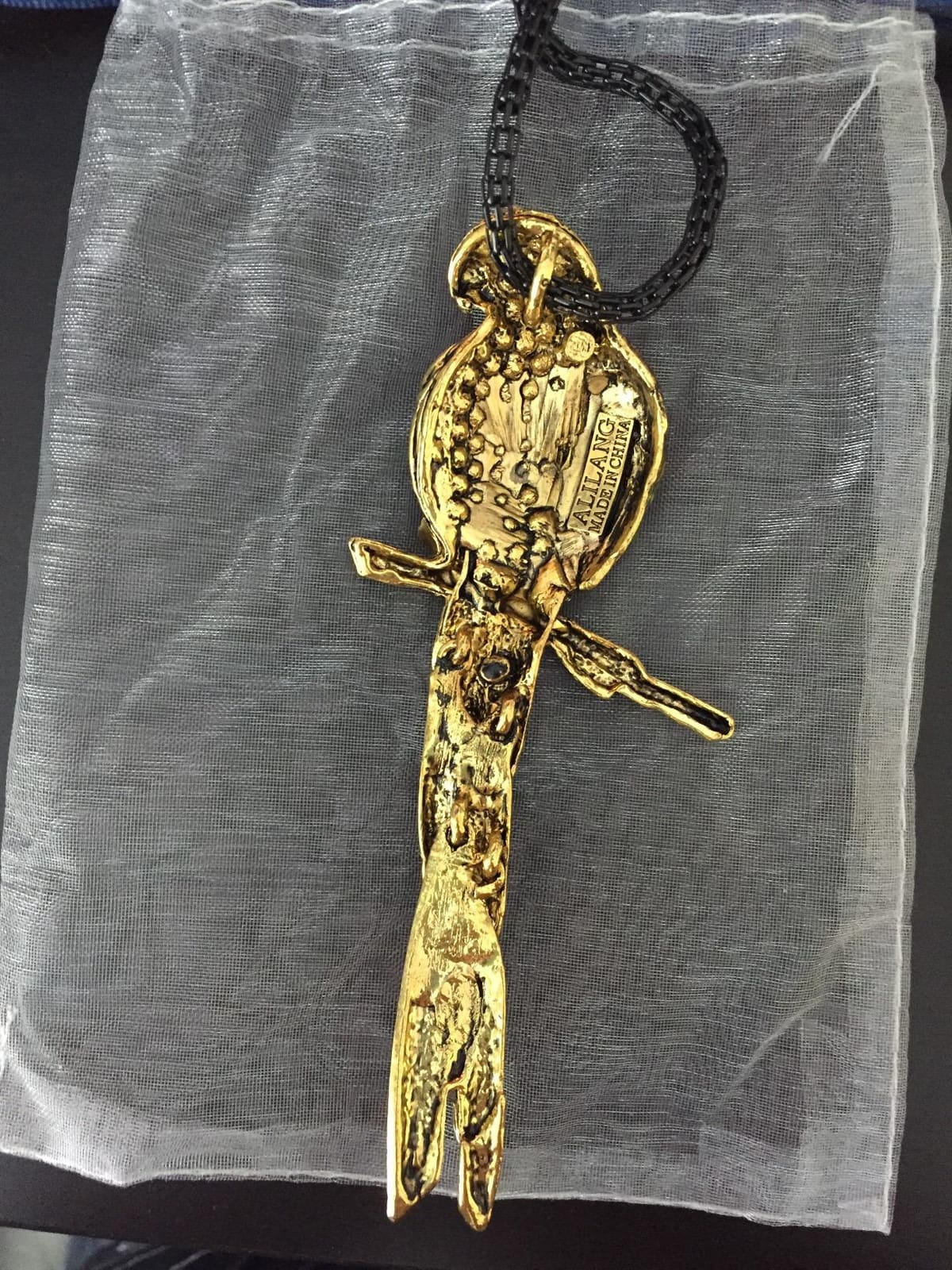 Antique Golden Tone Multicolored Tropical Parrot Bird Pendant Rope Necklace customer photo 1