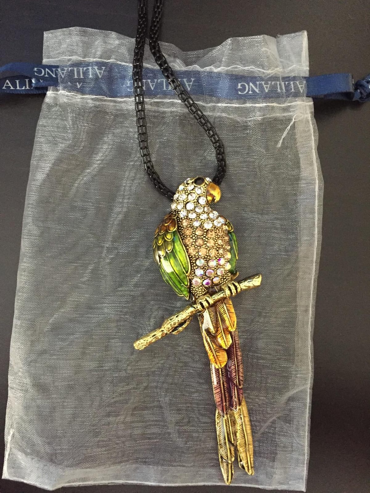 Antique Golden Tone Multicolored Tropical Parrot Bird Pendant Rope Necklace customer photo 2
