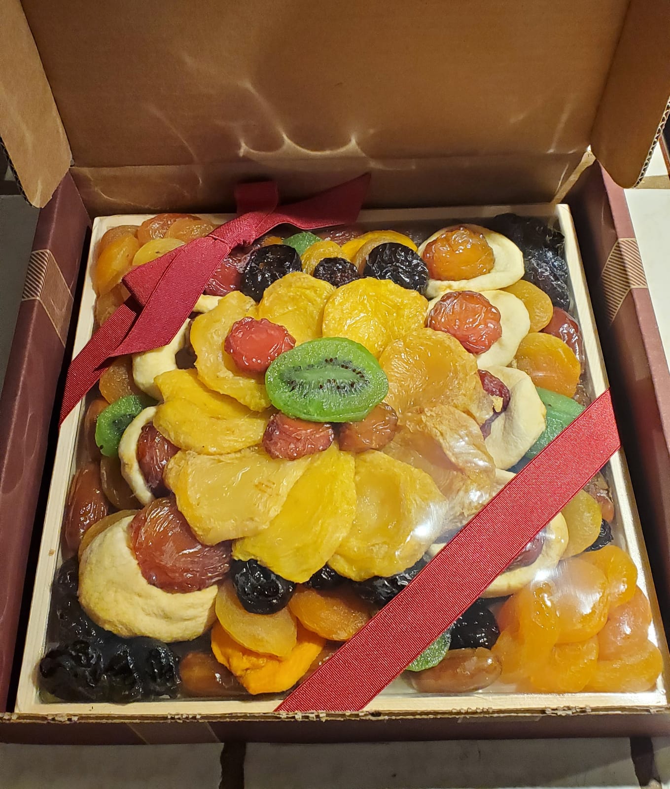 A Gift Inside Dried Fruit Gift Basket in Wooden Serving Tray – Gourmet Dried Apples, Apricots, Kiwi, Pears, Peaches, Dates, Prunes, Plums & Mandarin – Kosher Pareve OU Certified customer photo 1