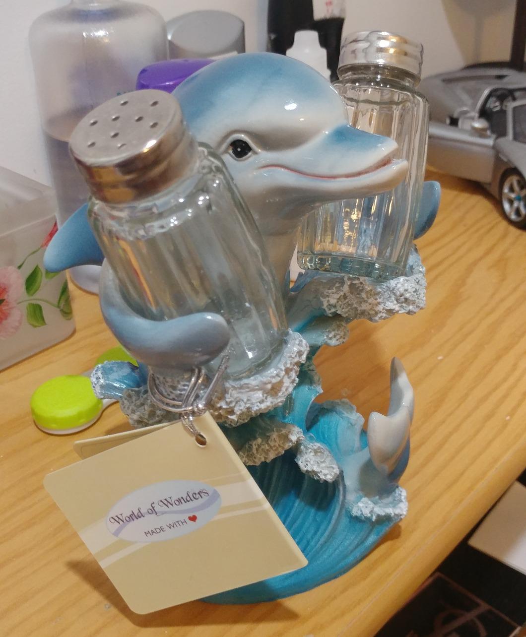Dolphin Riding Ocean Wave Salt and Pepper Shaker Set with Figurine Holder in Decorative Tropical Kitchen Decor Spice Racks & Porpoise Display Stands or Beach Bar As Gifts for Dolphin Lovers customer photo 1