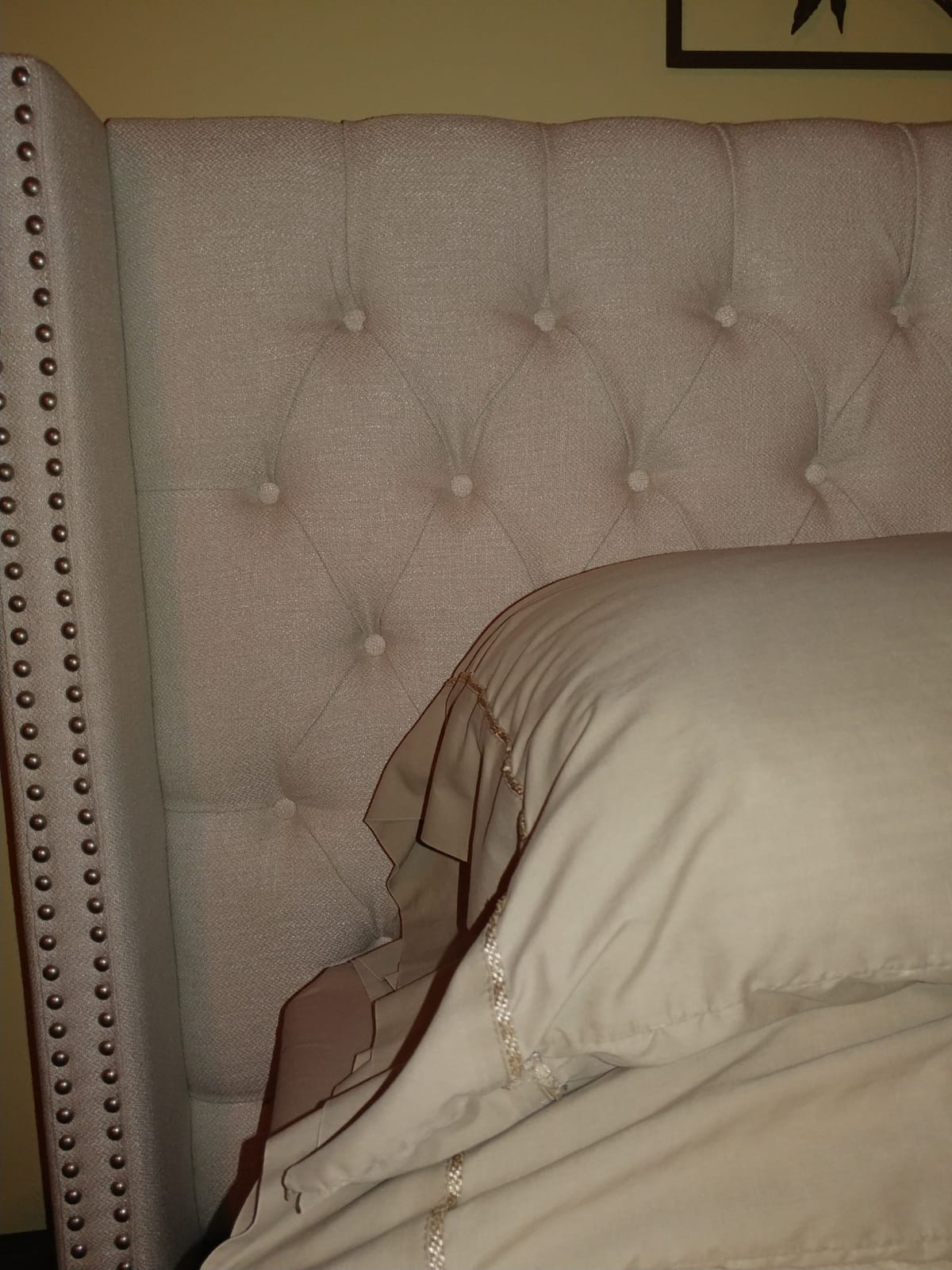 Madison Park Amelia Upholstered Headboard | Nail Head Trim Wingback Button Tufted | Queen, Cream customer photo 2