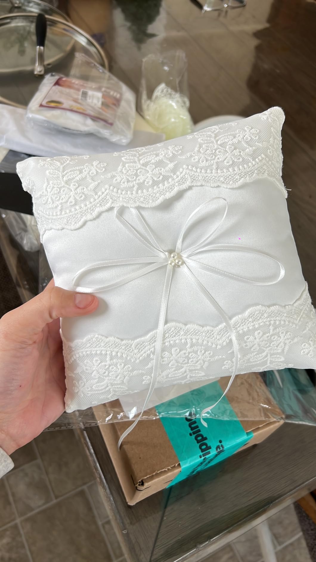 Awtlife Lace Pearl Wedding Ring Pillow Cushion Bearer 8.26 Inch for Beach Wedding customer photo 1