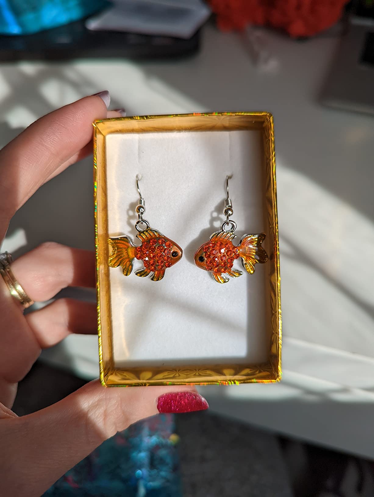 DianaL Boutique Silvertone Rhodium Plated Beautiful Tropical Fish Goldfish Earrings Dangle with a Gift Box customer photo 1
