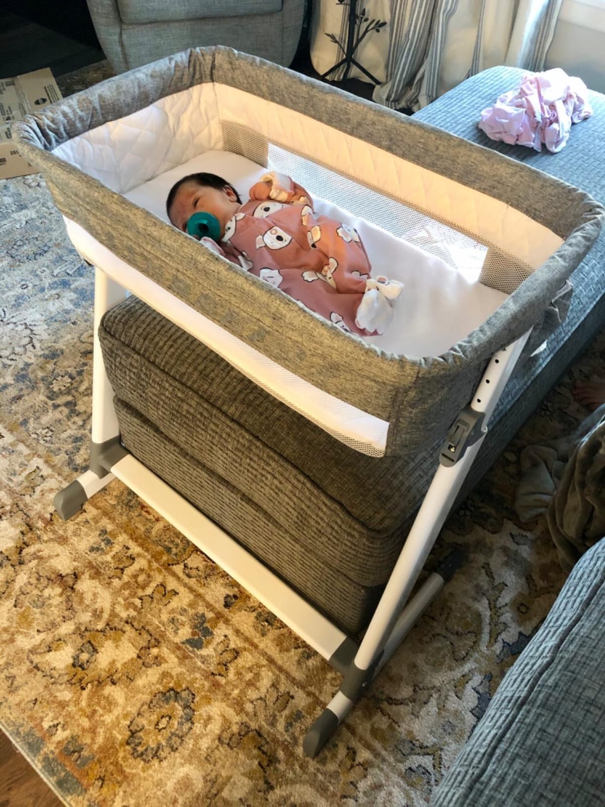 Simmons Kids By The Bed City Sleeper Bassinet - Adjustable Height Portable Crib with Wheels & Airflow Mesh, Grey Tweed customer photo 2
