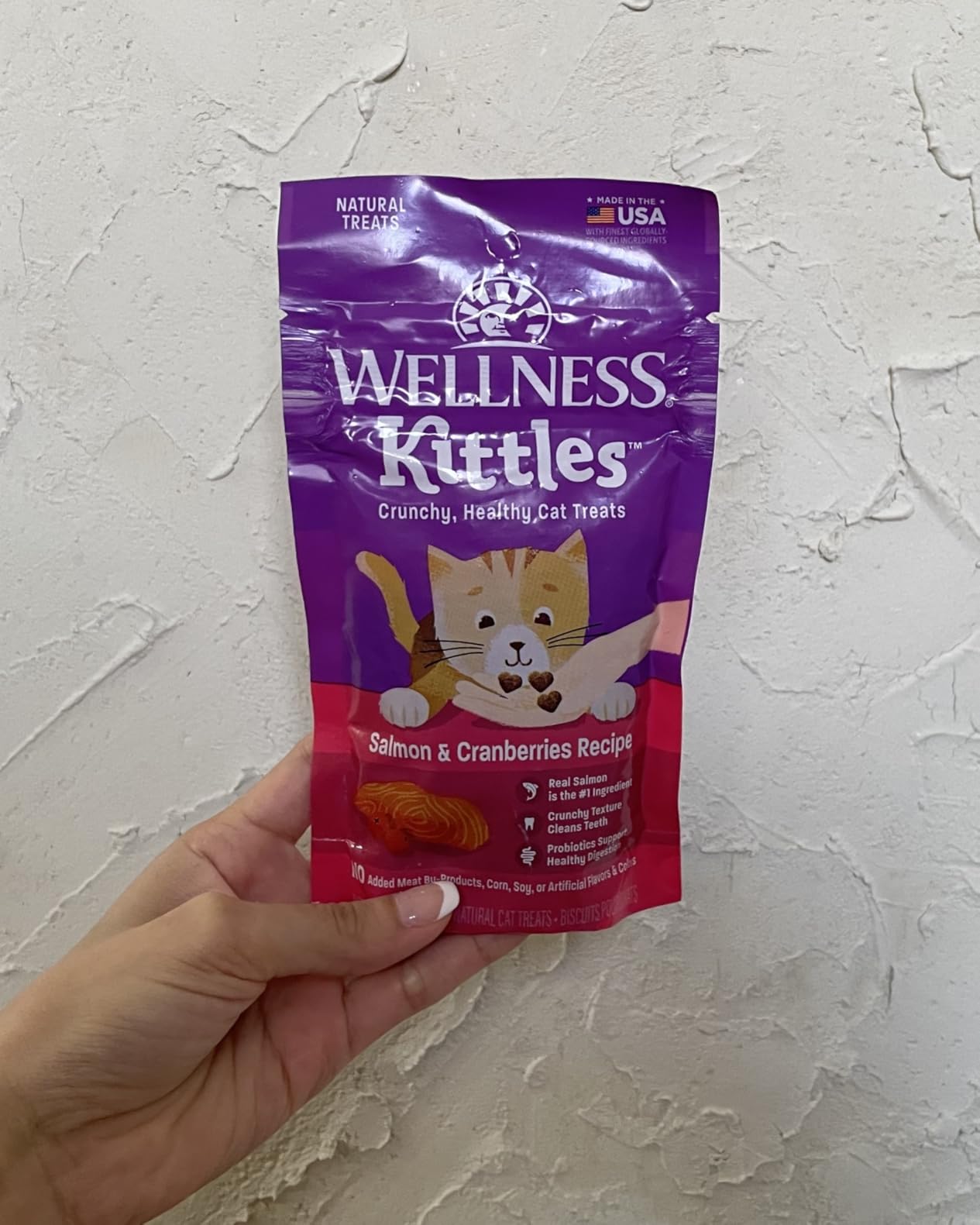 Wellness Kittles Crunchy Cat Treats, All Lifestages, Kitten to Senior, Natural, Grain Free, Salmon and Cranberry Flavor, 6 oz Bag customer photo 1