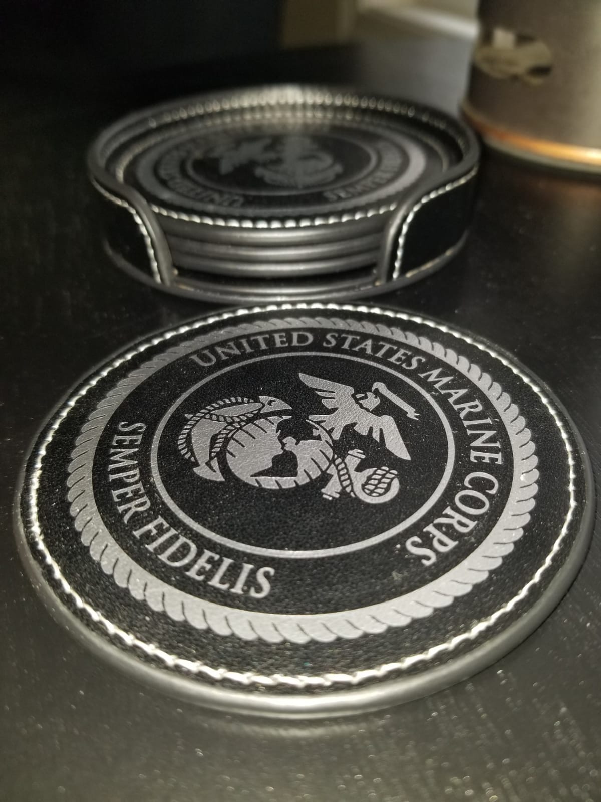 USMC Leather Coaster Set - 4 Premium Coasters with Hot Stamped Foil US Marines EGA Logo - Marine Corps Gift | USMC Leather Coasters customer photo 1